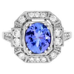 Oval Shape Blue Violet Tanzanite & Diamond Art Deco Style Halo White Gold Ring