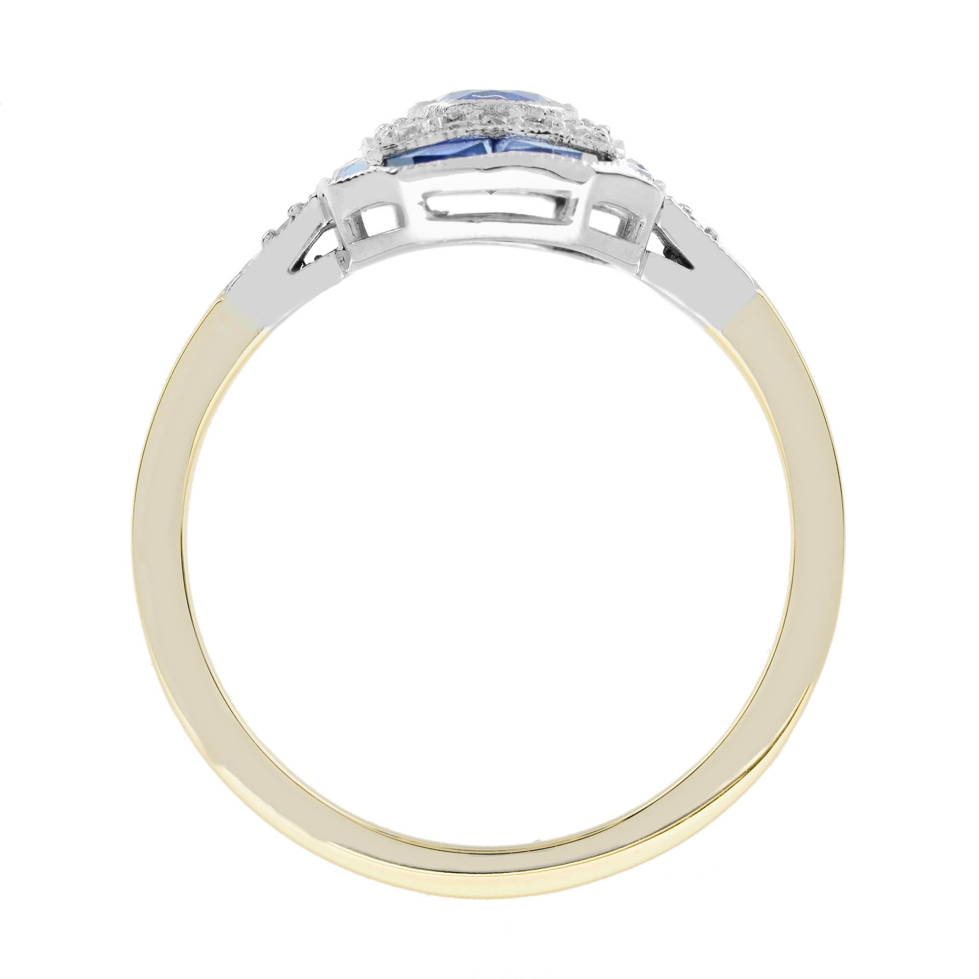 Anello in oro bicolore 14 carati con zaffiro blu e diamante di forma ovale in stile Art Deco In condizioni Nuovo in vendita a Oakton, VA