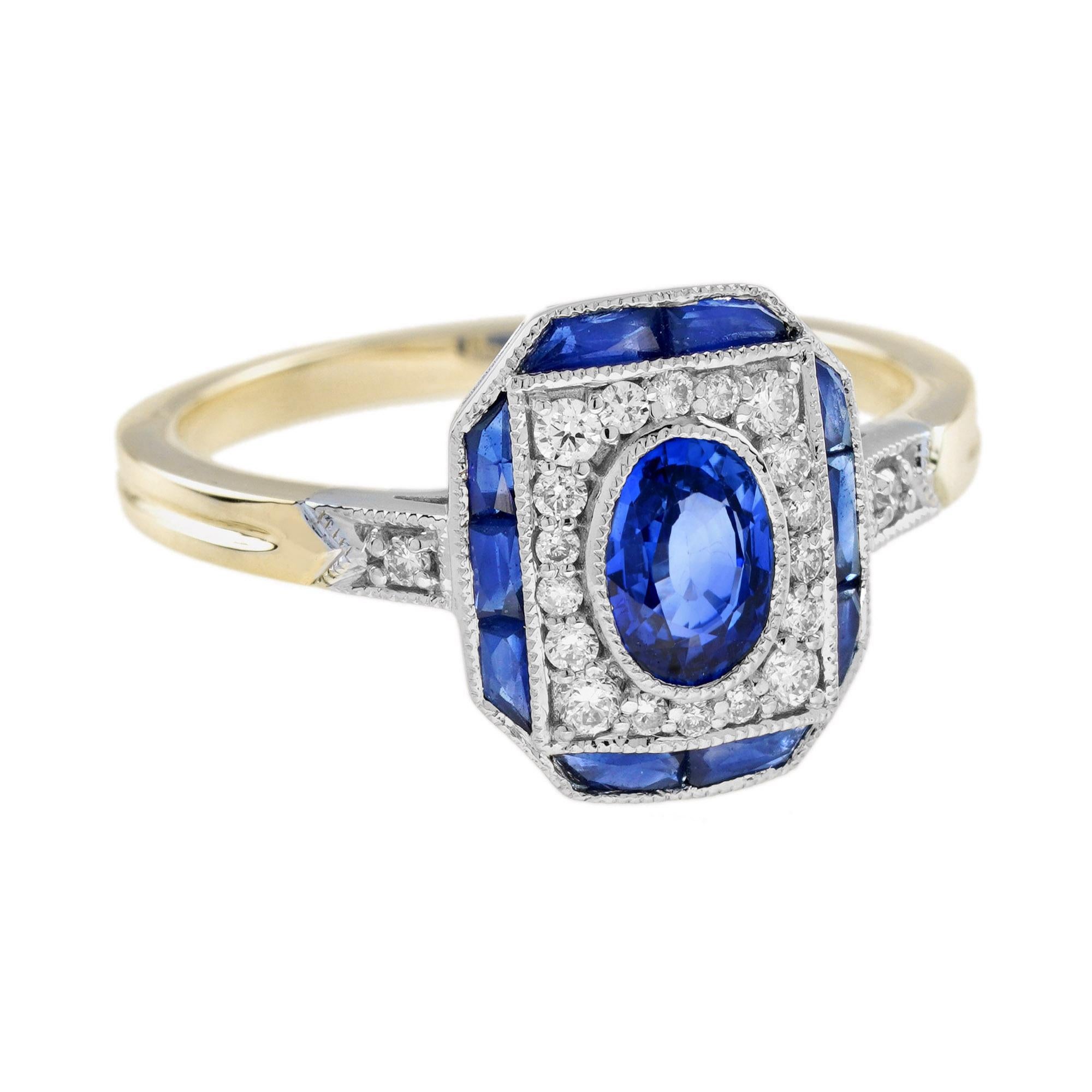 Ispirato all'epoca dell'Art Déco, questo splendido anello è incastonato con uno zaffiro Ceylon di forma ovale al centro, accentuato da diamanti rotondi e zaffiri taglio francese. Su entrambi i lati della testa sono incastonati dei diamanti. Il peso