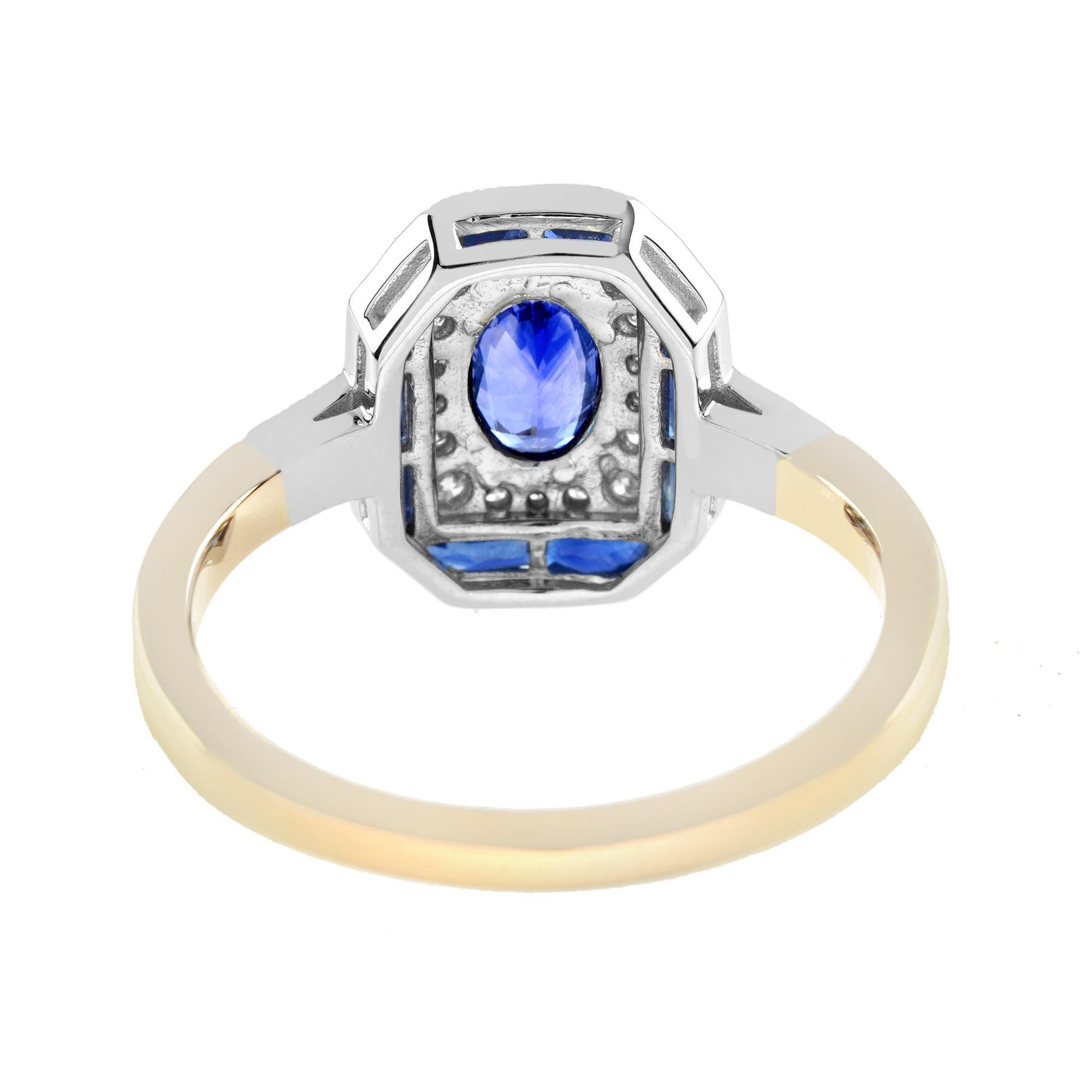 Taglio ovale Anello in oro bicolore 14 carati con zaffiro blu e diamante di forma ovale in stile Art Deco in vendita