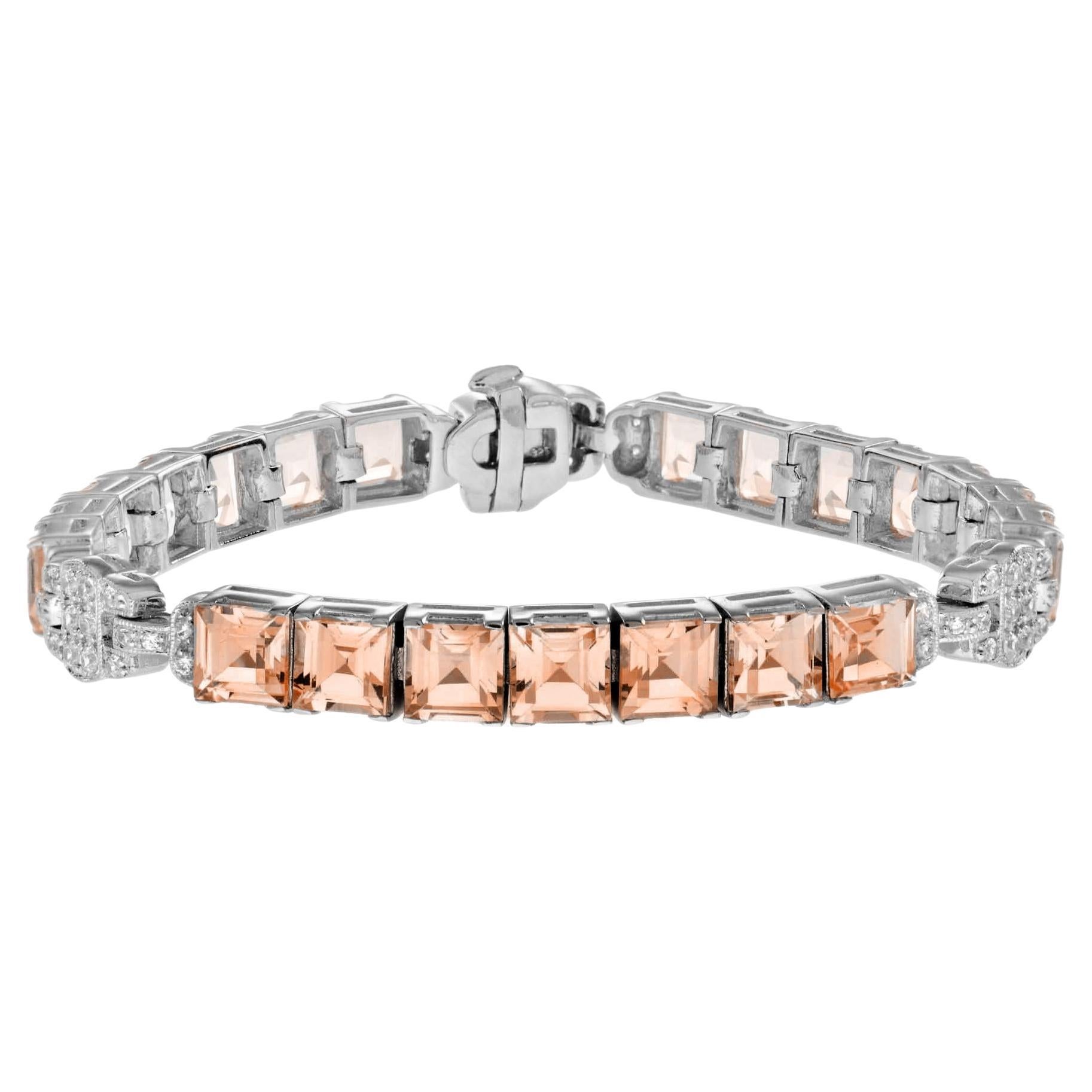 Bracciale quadrato a forma di principessa con morganite arancione e diamanti in oro bianco