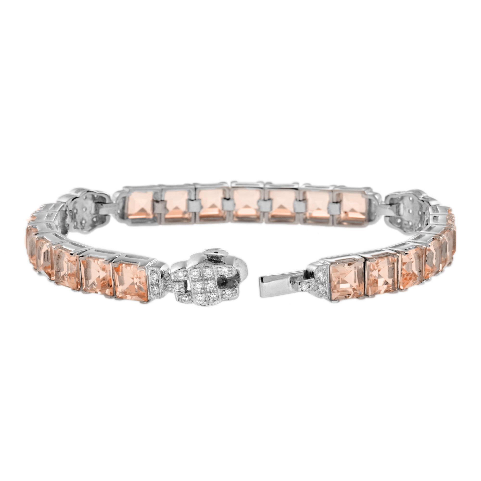 Quadrato Bracciale quadrato a forma di principessa con morganite arancione e diamanti in oro bianco in vendita