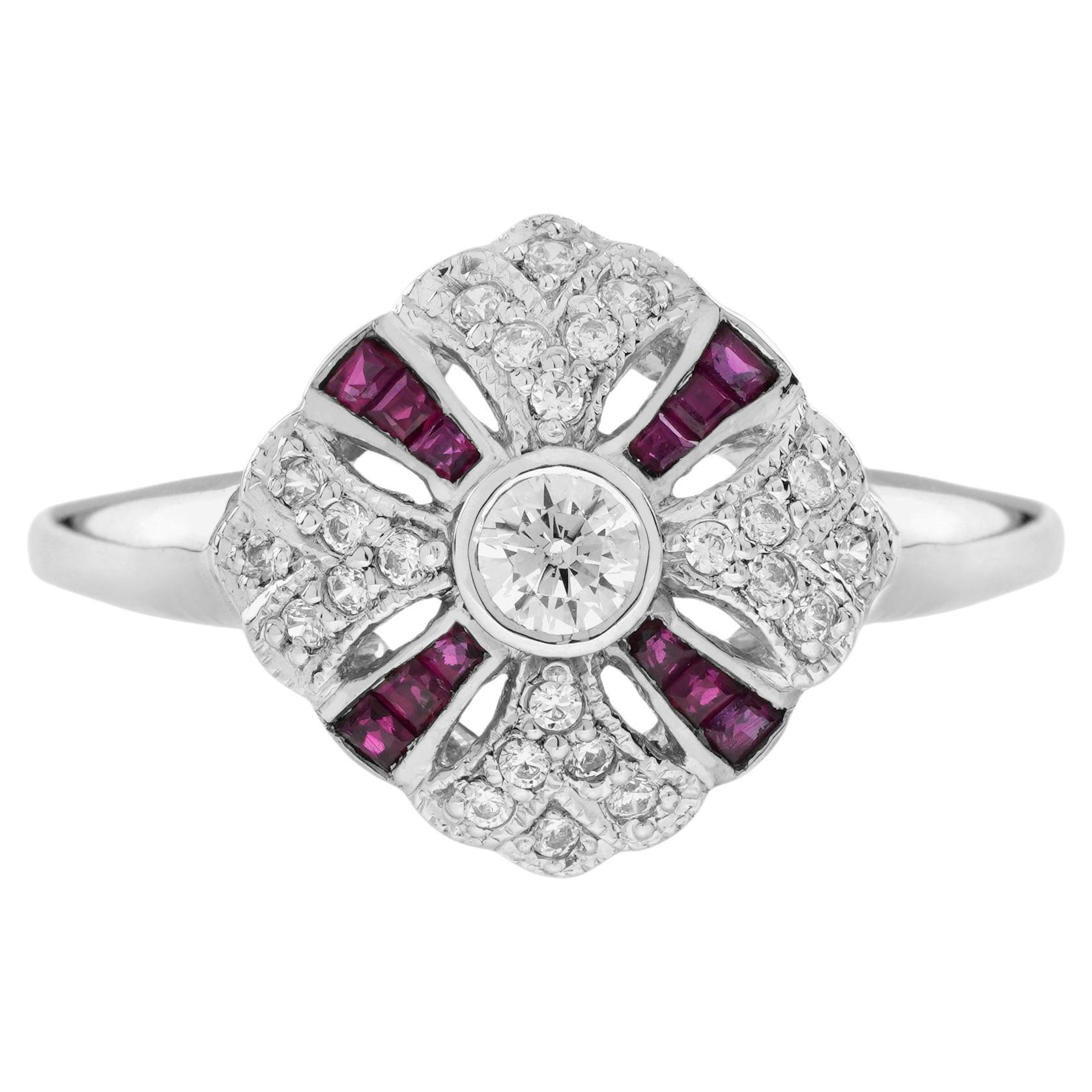 Diamant & Rubin Art Deco Stil 14K Weißgold Ring