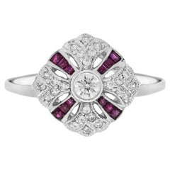 Diamant & Rubin Art Deco Stil 14K Weißgold Ring