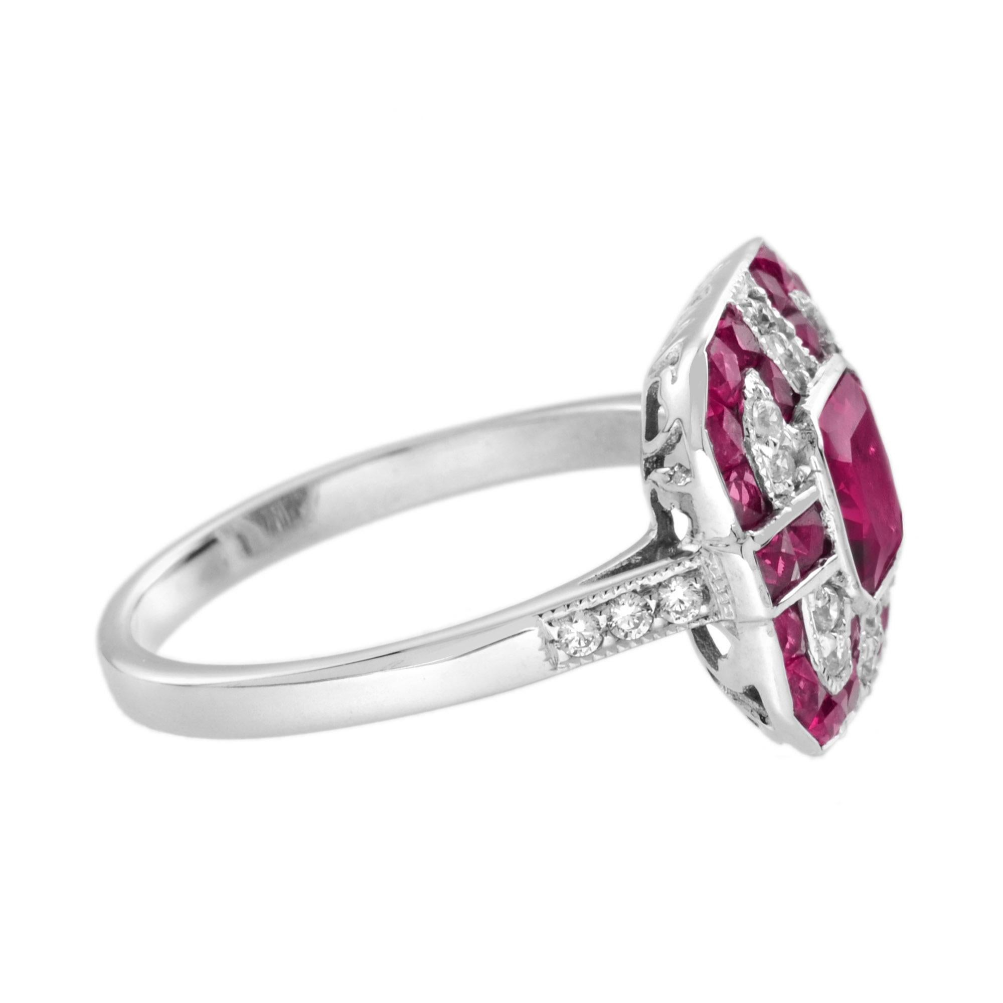 Ottagono Anello in oro bianco 14 carati con rubino rosa rosso e diamanti in stile Art Déco in vendita