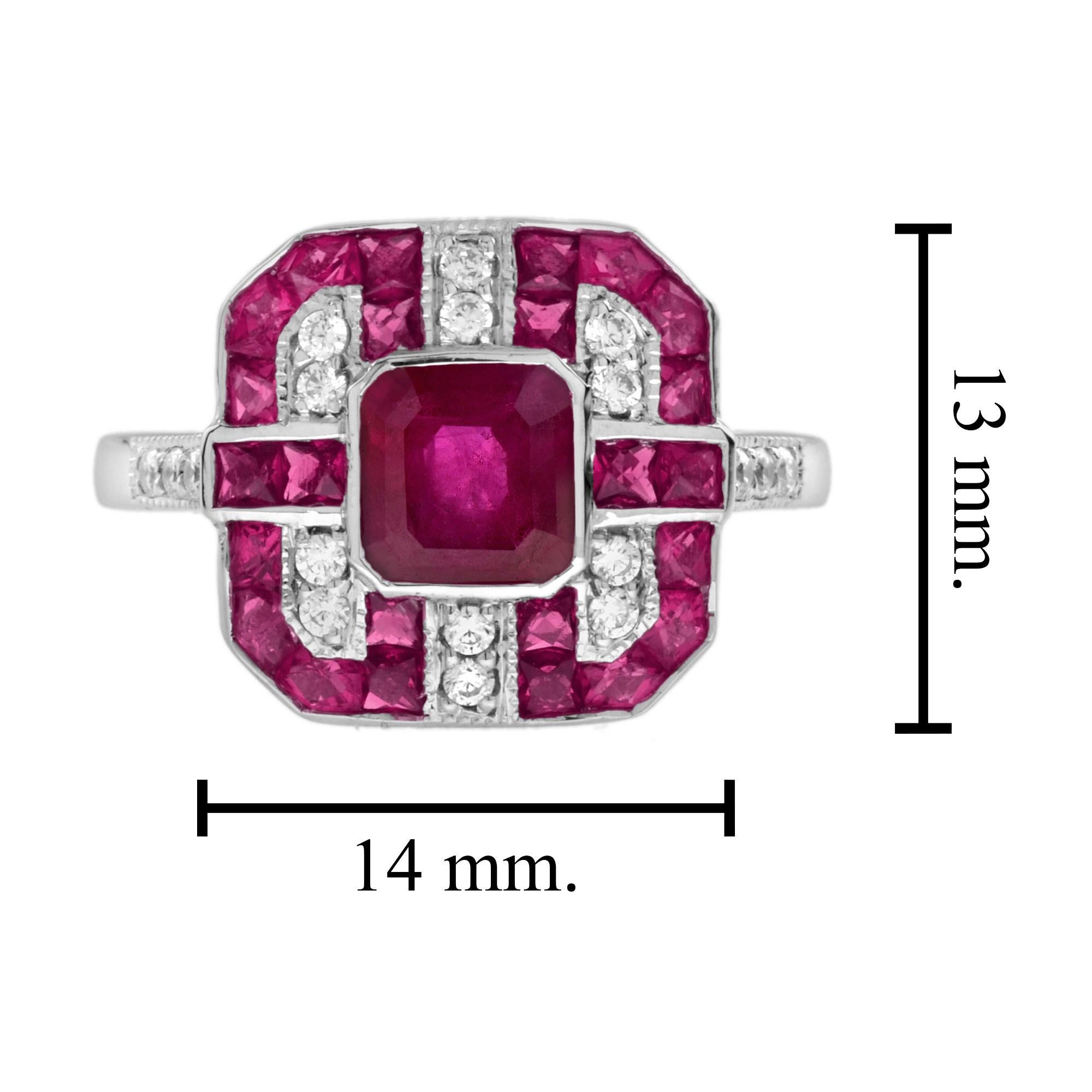 Anello in oro bianco 14 carati con rubino rosa rosso e diamanti in stile Art Déco in vendita 1