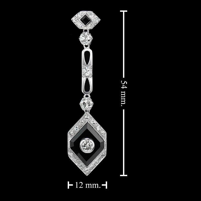 Boucles d'oreilles pendantes en or blanc 14K avec diamants et onyx en forme de losange, style Art Déco en vente 2