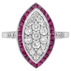 Diamond Cluster & Red Pink Ruby Art Deco Style 14K White Gold Ring