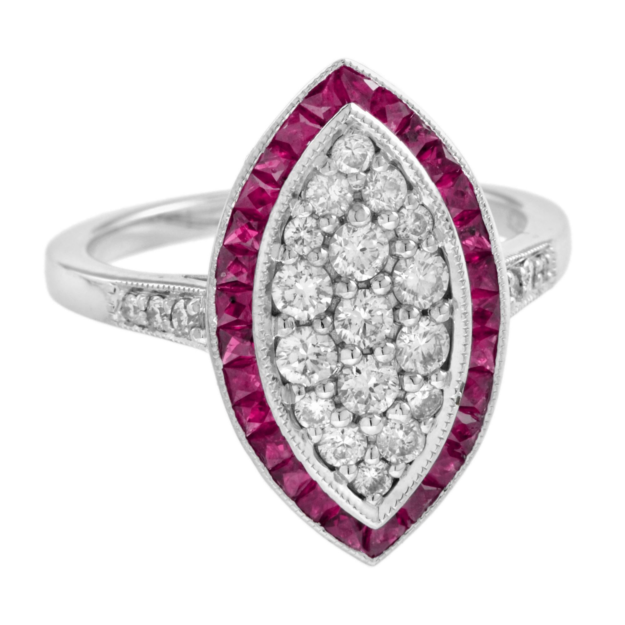 Entra nell'abbagliante mondo del glamour con il nostro anello con diamante e rubino marquise ispirato all'Art Déco, una vera celebrazione di stile e raffinatezza! Con sette diamanti a taglio rotondo per un peso totale di circa 0,40 carati, di colore