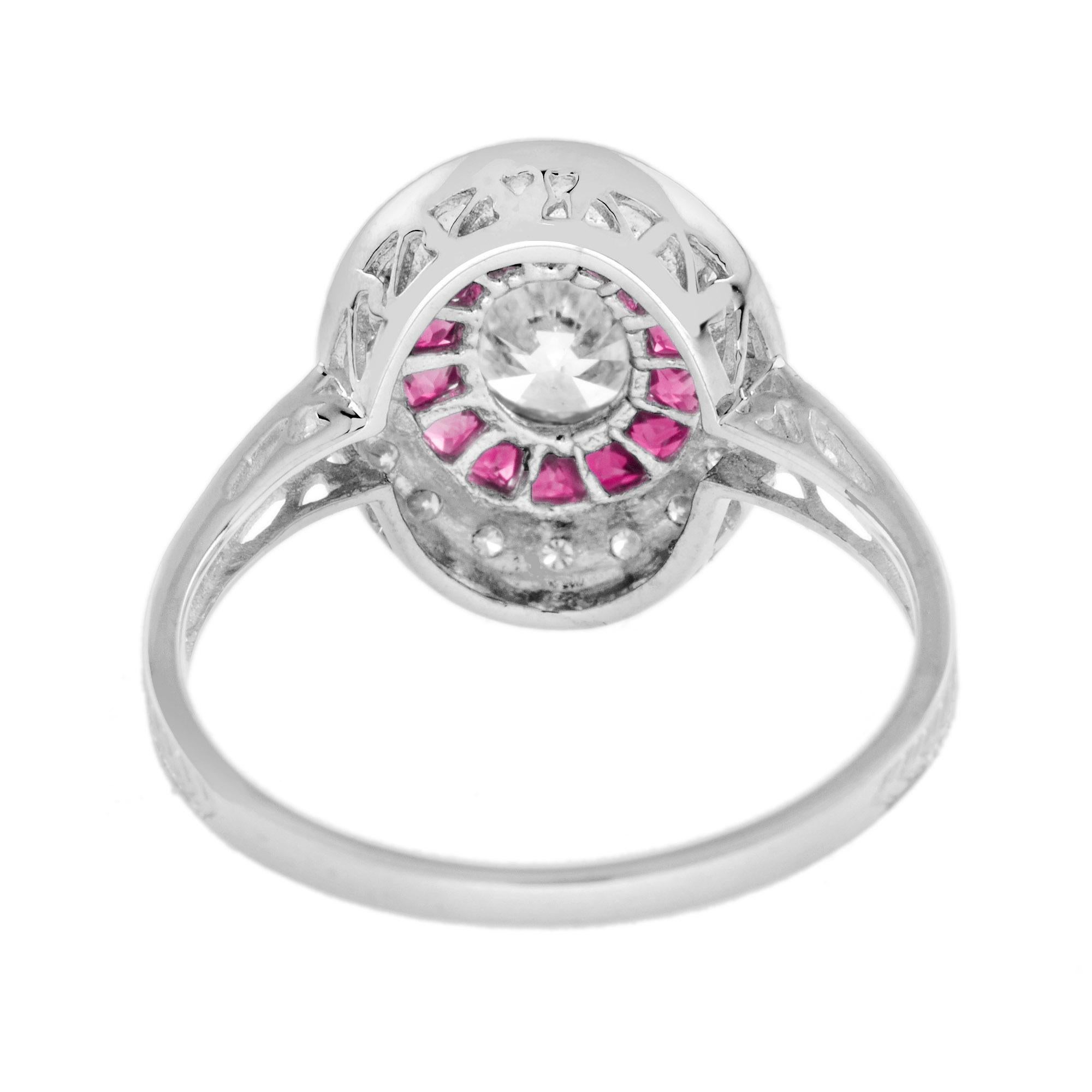 Taglio ovale Anello in oro bianco 14K con diamanti e rubini in stile Art Deco con incastonatura a raggiera di ispirazione vintage in vendita
