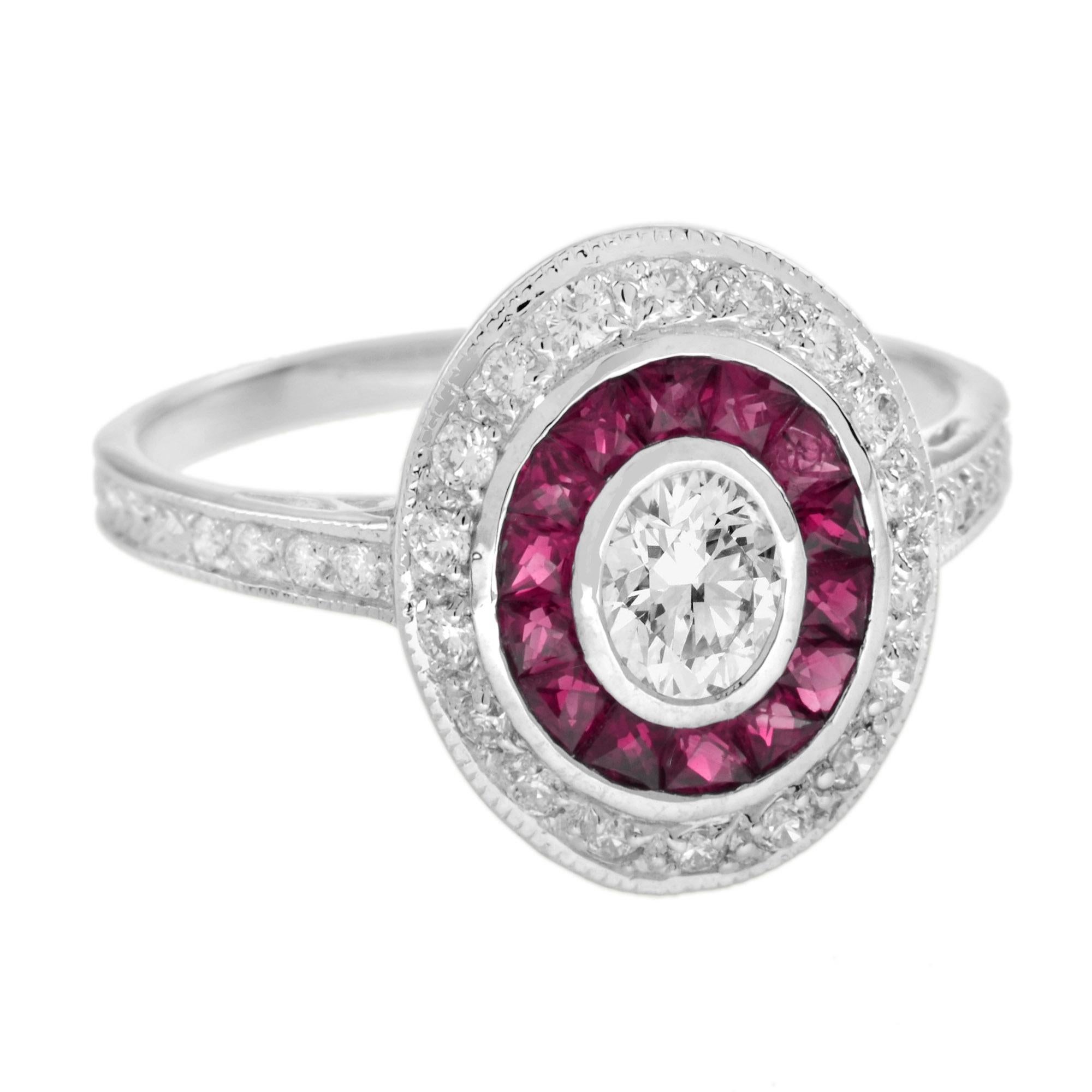 Questo splendido anello d'ispirazione vintage ha un design meraviglioso con contrasti e colori sorprendenti. L'elegante incastonatura geometrica è impreziosita da diamanti naturali bianchi e brillanti e da rubini naturali. Al centro un diamante