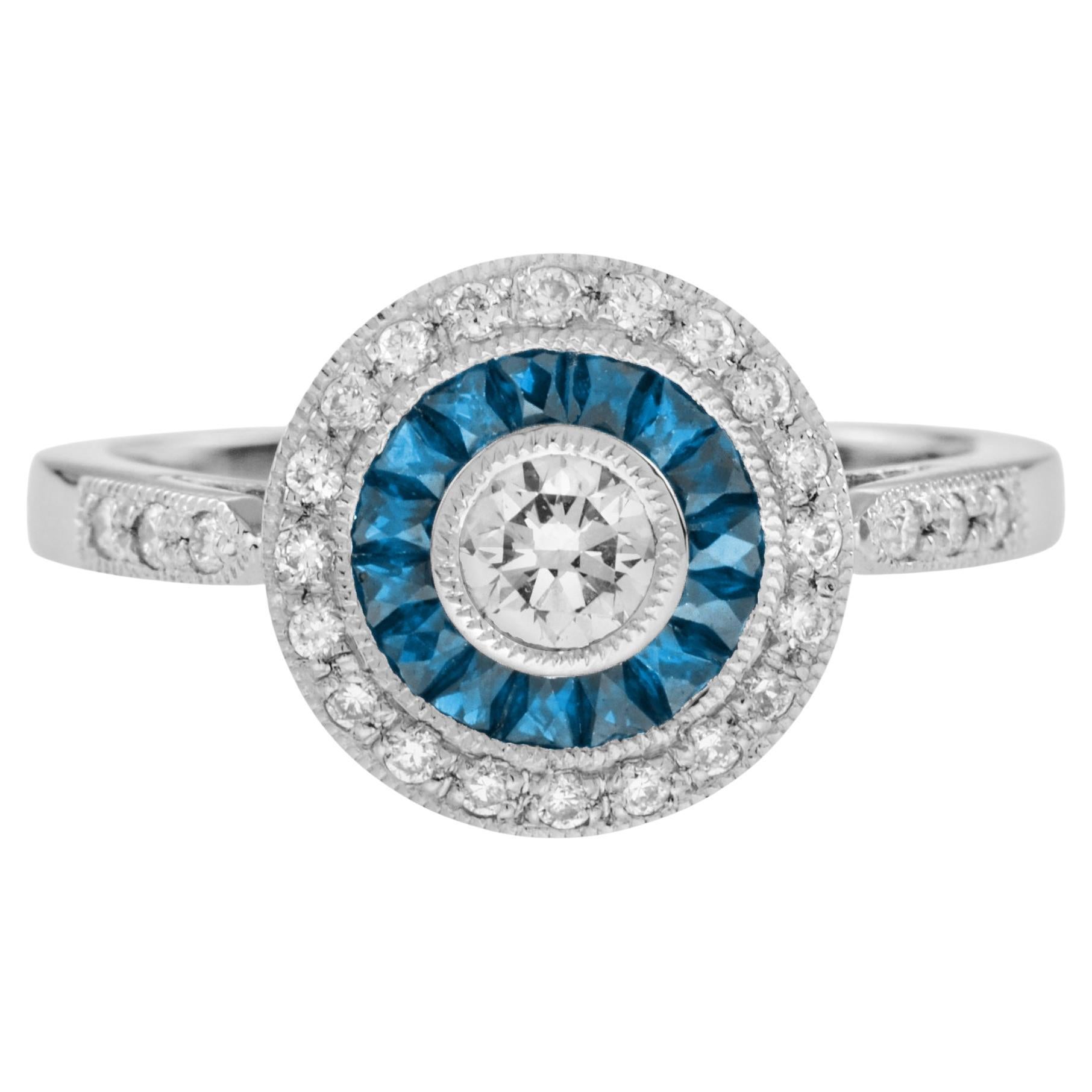 Anello con diamante e topazio blu di Londra con incastonatura a raggiera in stile Art Deco in oro bianco 14 carati in vendita