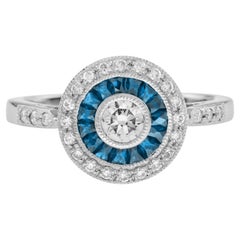 Diamond & London Blue Topaz Halo Set Art Deco Style Round 14K White Gold Ring