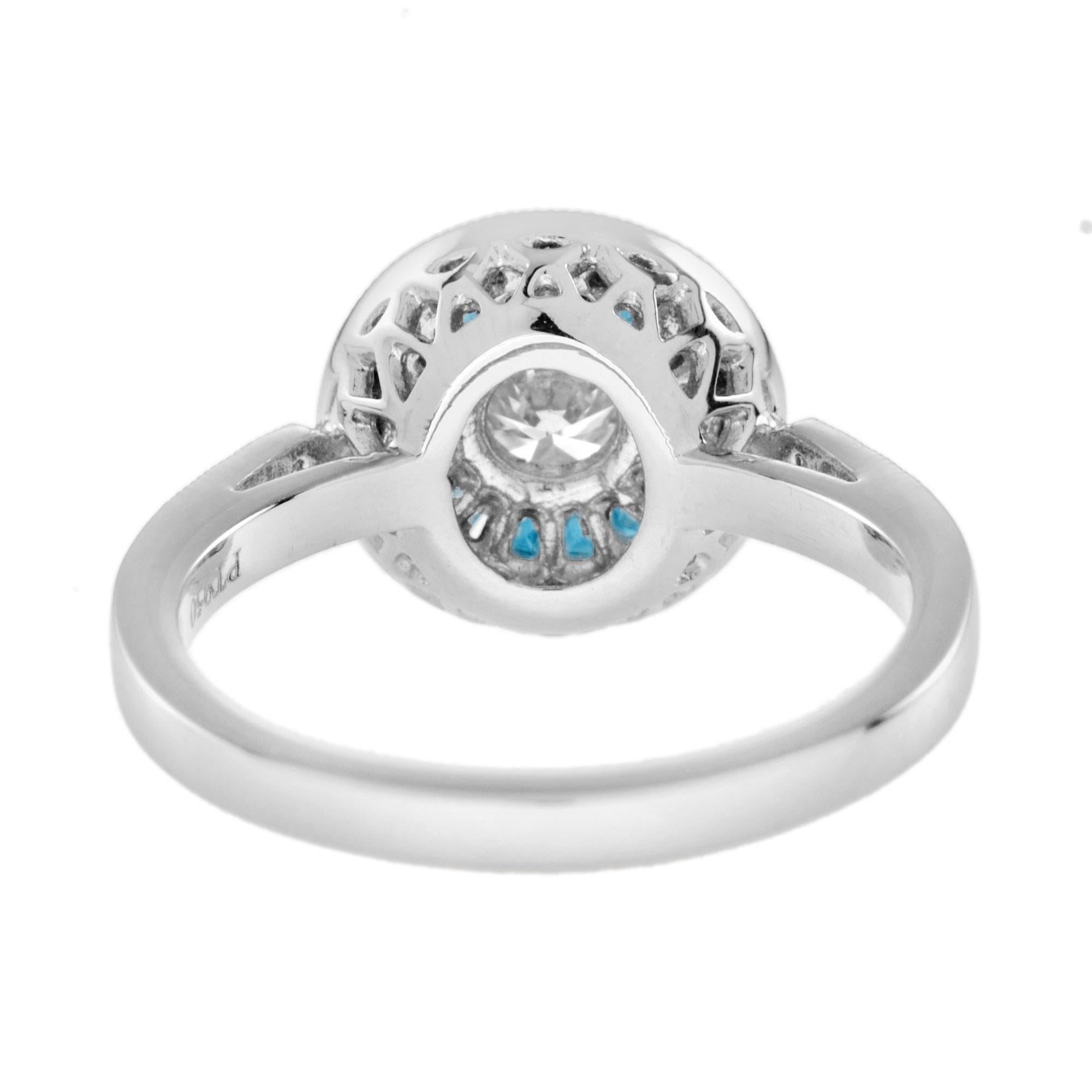 Taglio rotondo Anello con diamante e topazio blu di Londra con incastonatura a raggiera in stile Art Deco in oro bianco 14 carati in vendita