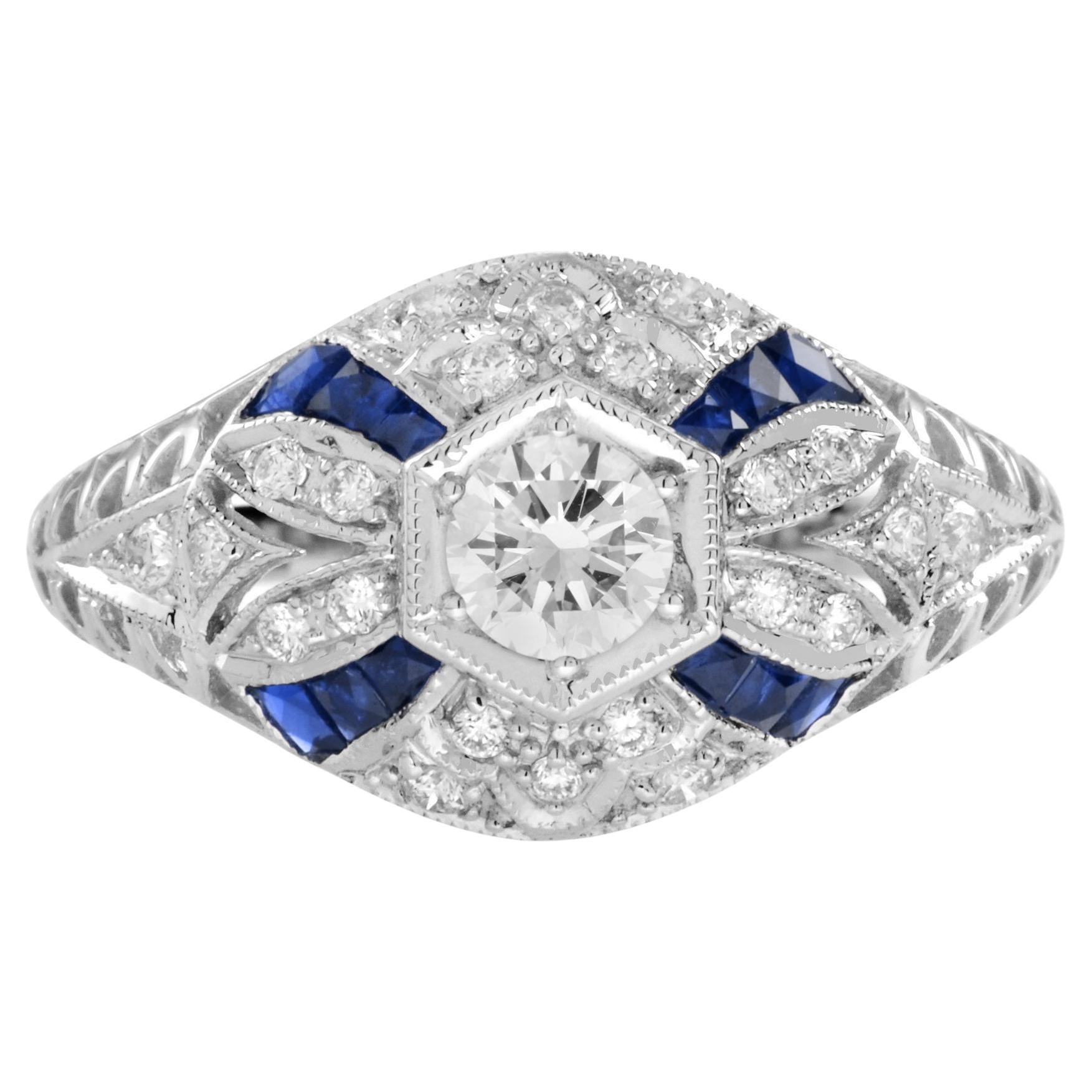 Anello con diamante e zaffiro blu in stile Art Deco in oro bianco 14K