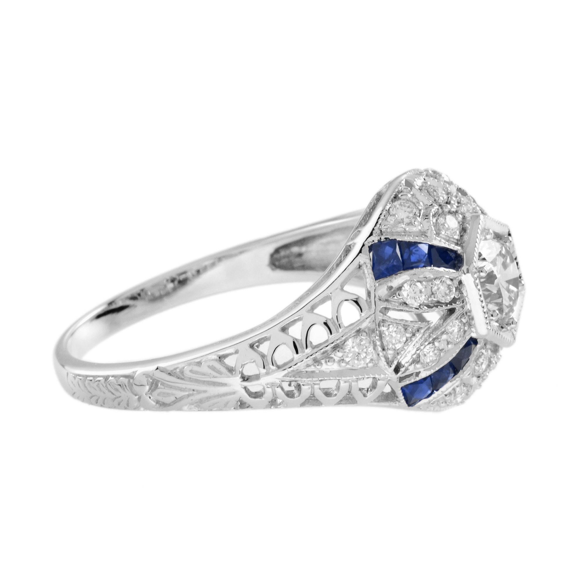 Taille ronde Bague en or blanc 14K avec diamant et saphir bleu de style Art déco en vente