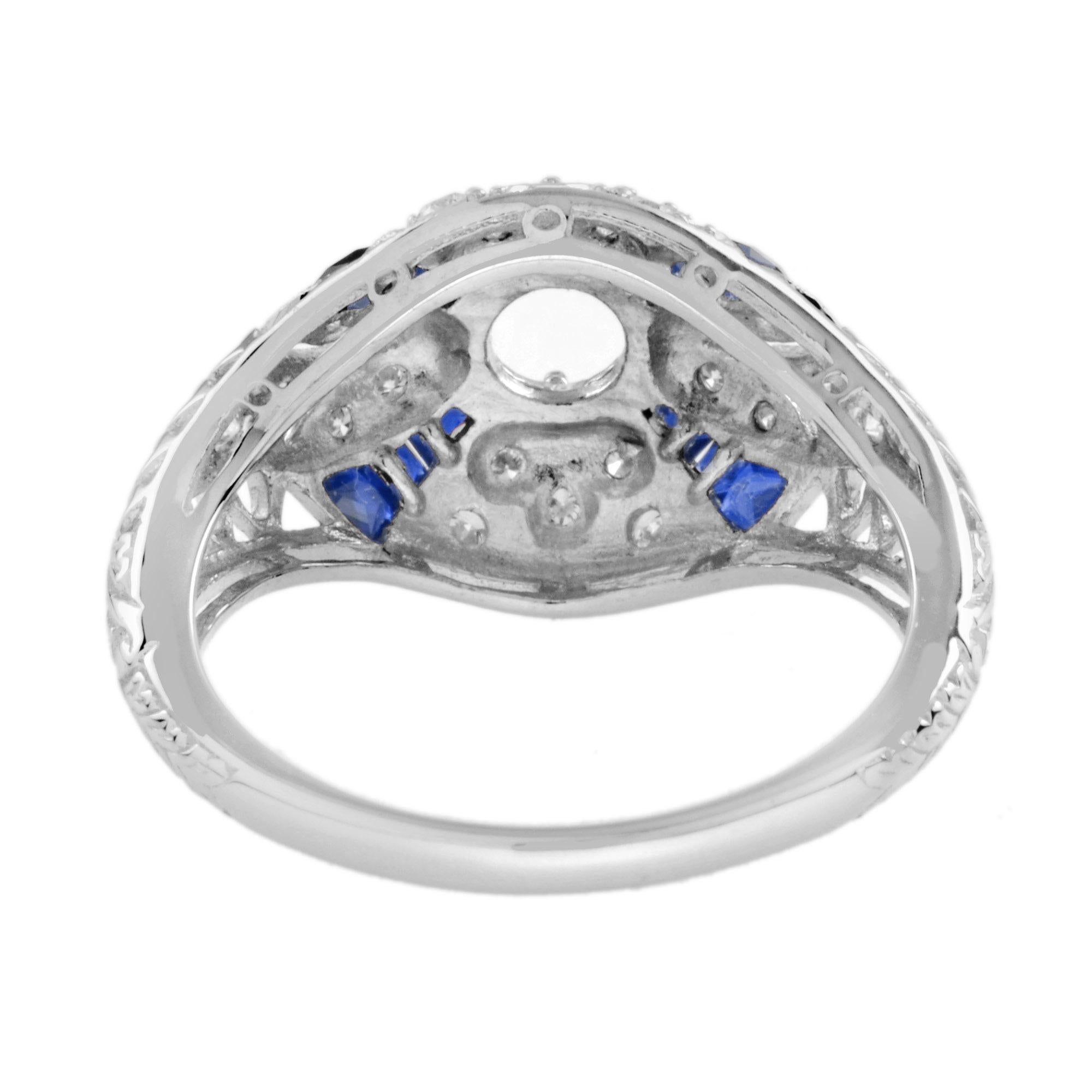 Bague en or blanc 14K avec diamant et saphir bleu de style Art déco Neuf - En vente à Oakton, VA