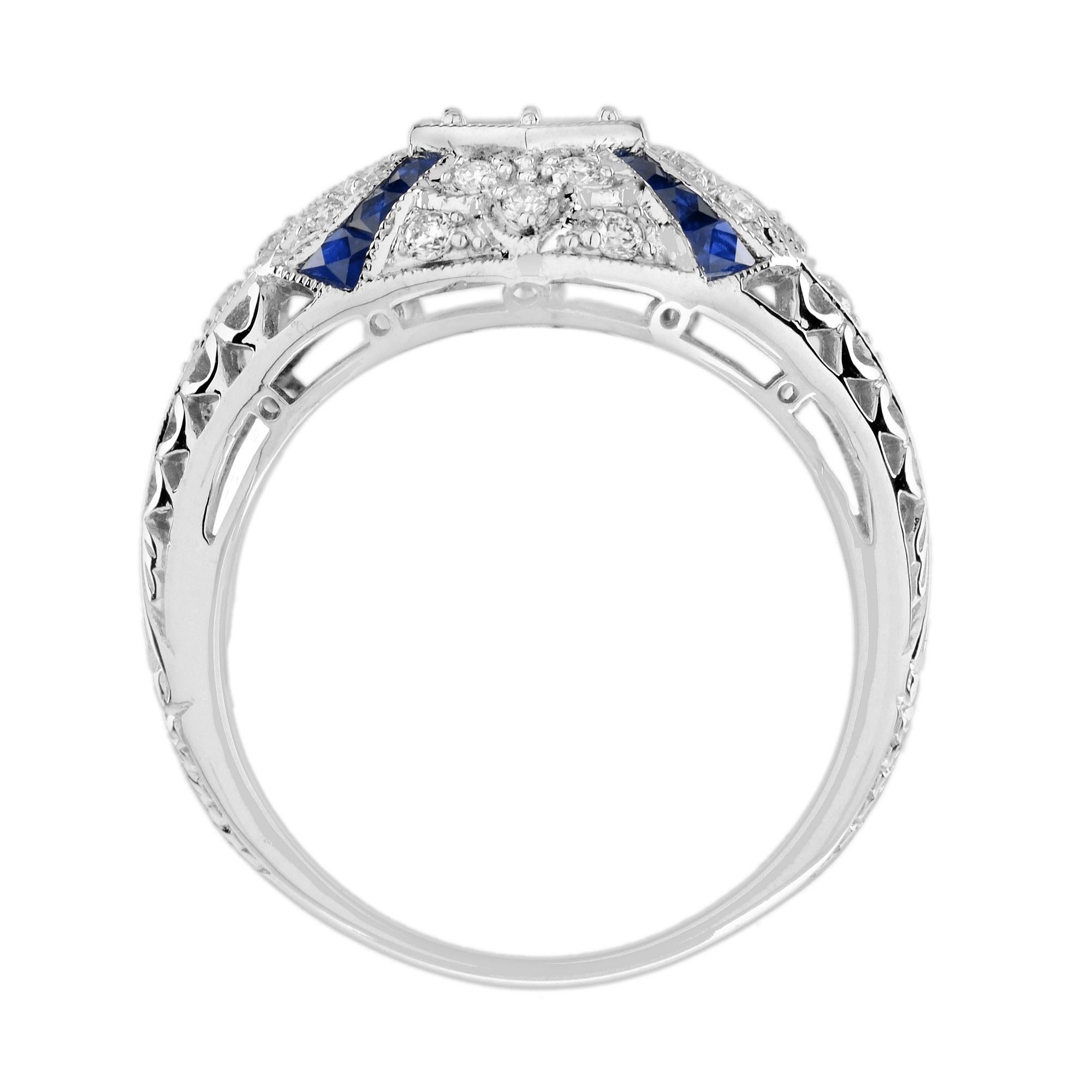 Bague en or blanc 14K avec diamant et saphir bleu de style Art déco Unisexe en vente