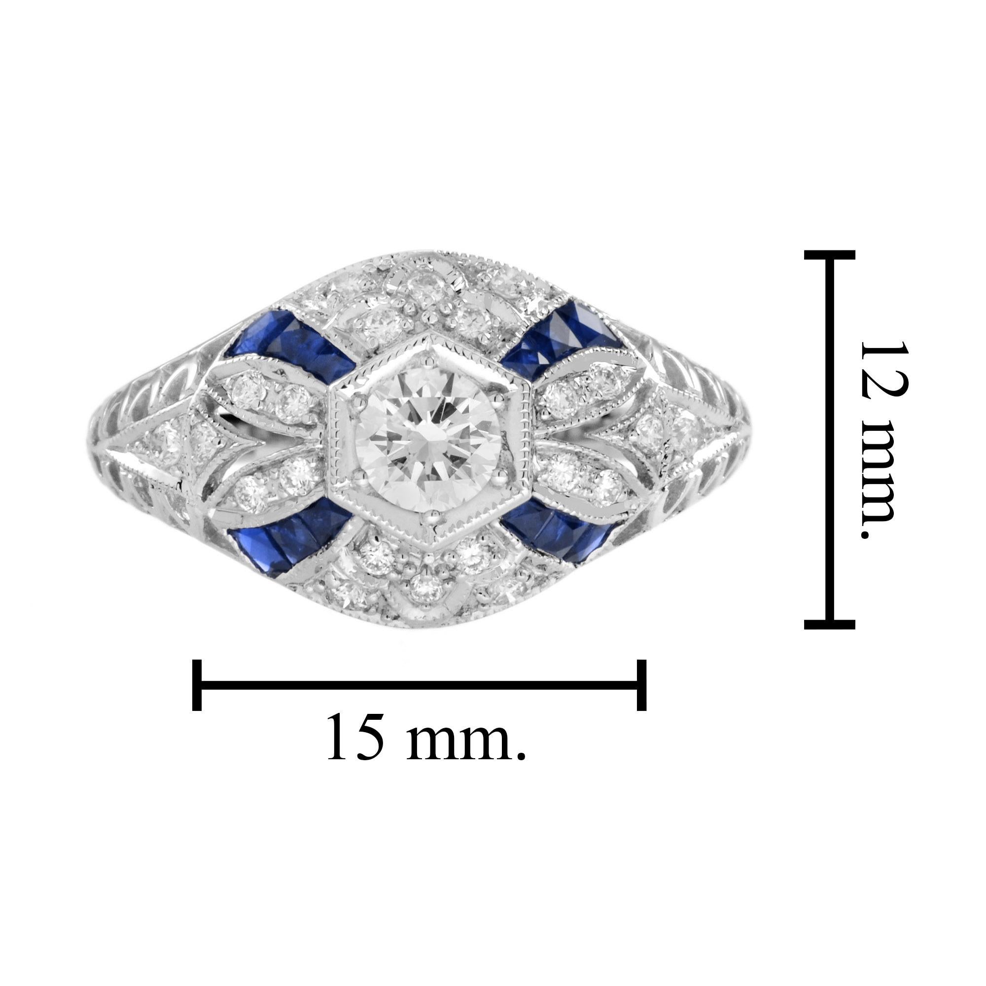 Bague en or blanc 14K avec diamant et saphir bleu de style Art déco en vente 1