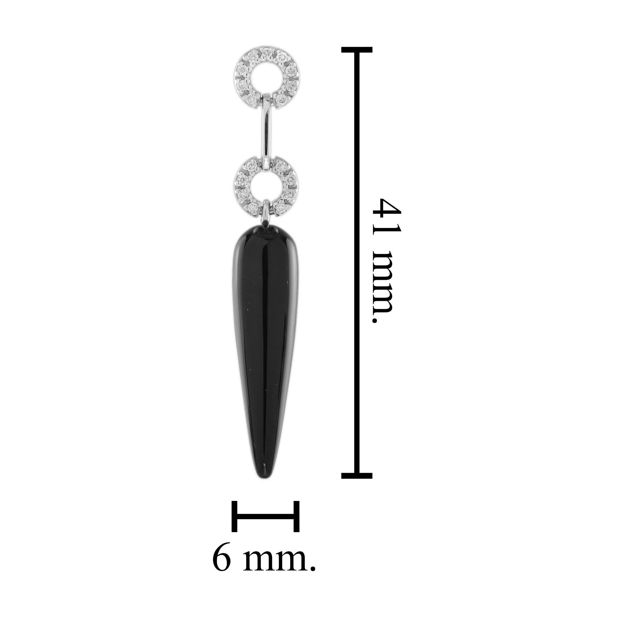 Taglio rotondo Orecchini Chili con onice nera e diamanti in stile Art Deco in oro bianco 14K in vendita