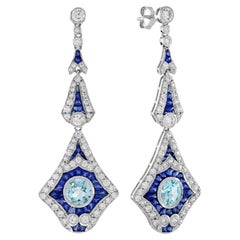Boucles d'oreilles aigue-marine, saphir bleu, diamant, style Art Déco, or blanc 14K