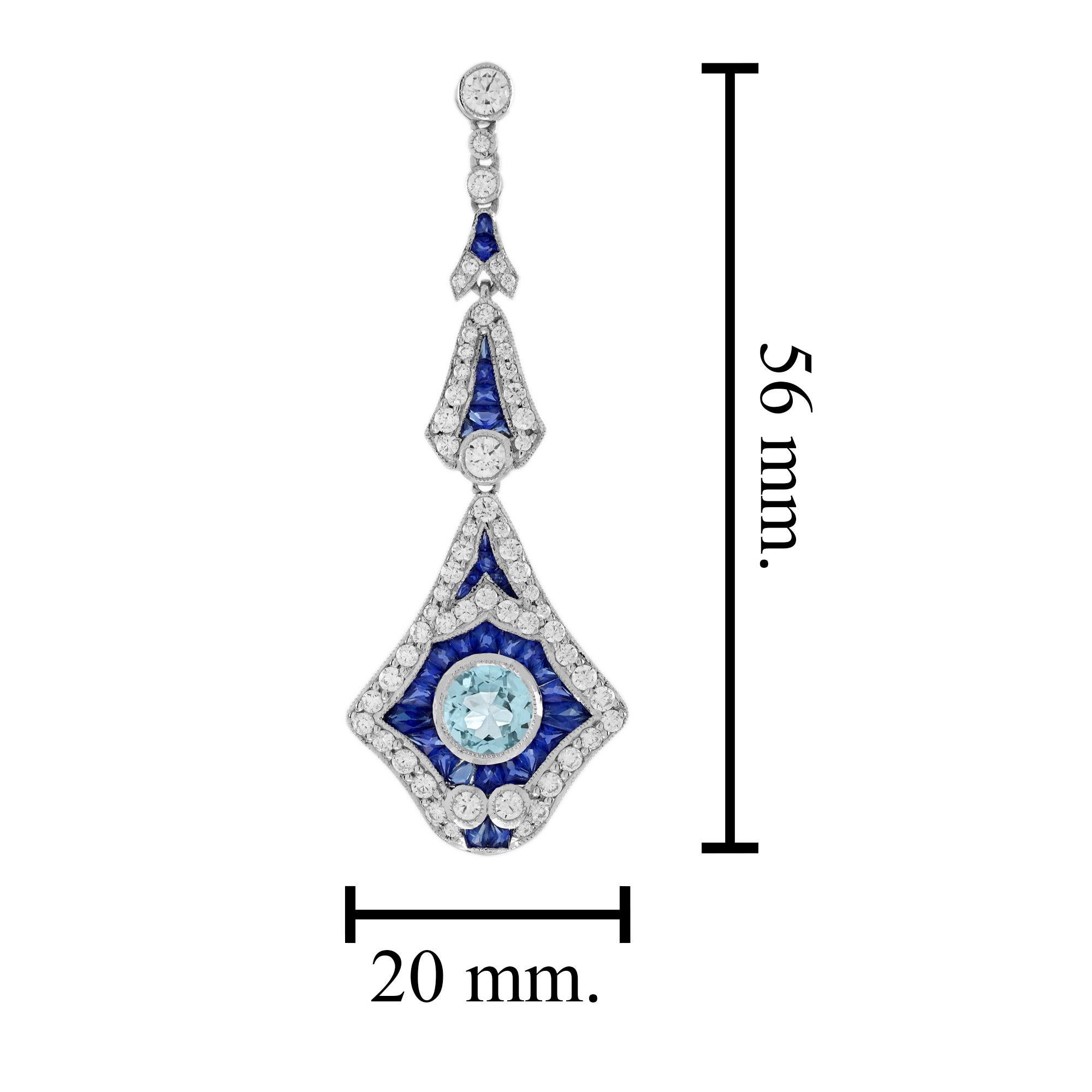 Taille ronde Boucles d'oreilles aigue-marine, saphir bleu, diamant, style Art Déco, or blanc 14K en vente