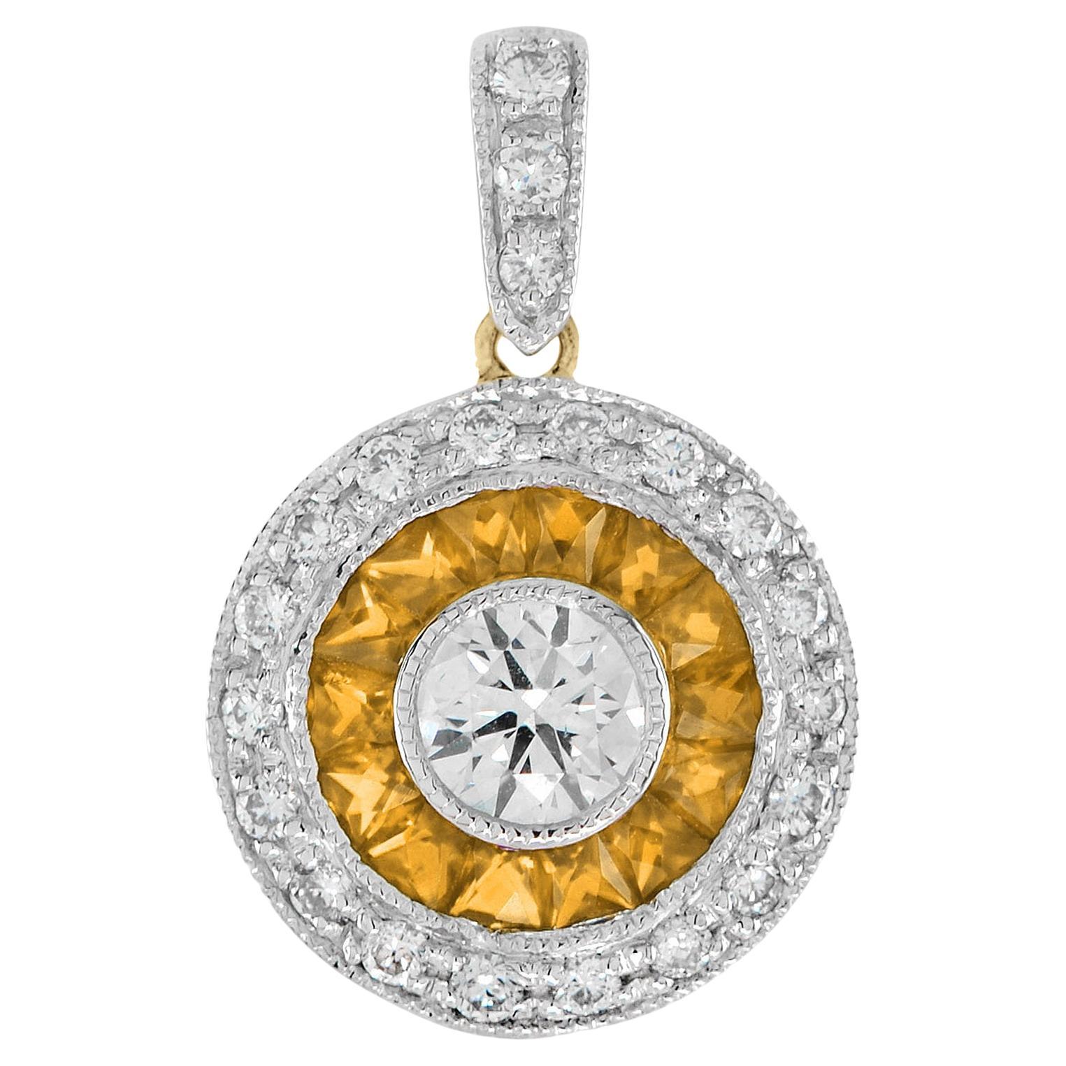 Ciondolo in oro 14K con diamanti e zaffiri arancioni in stile Deco con incastonatura a raggiera in vendita