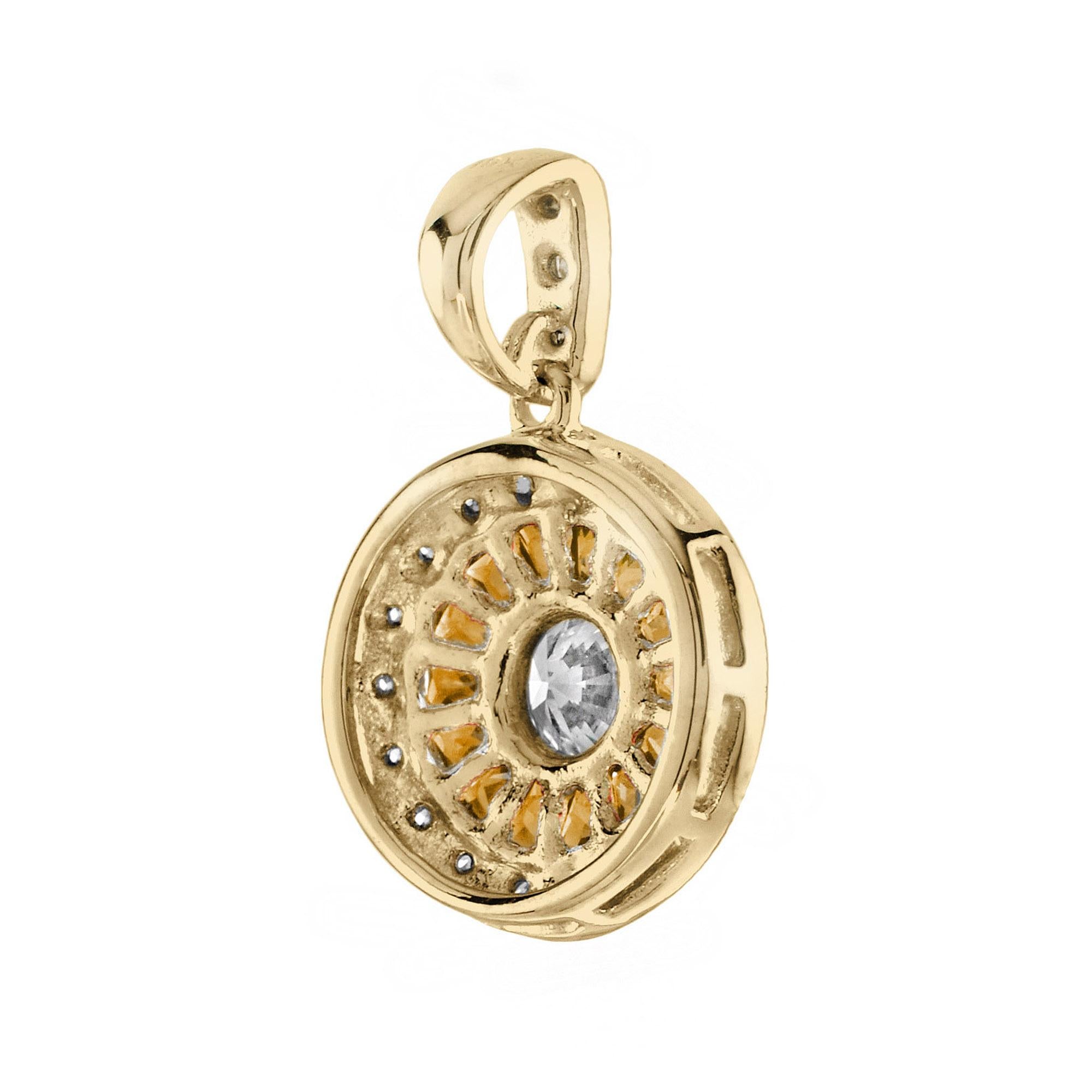 Art Déco Ciondolo in oro 14K con diamanti e zaffiri arancioni in stile Deco con incastonatura a raggiera in vendita