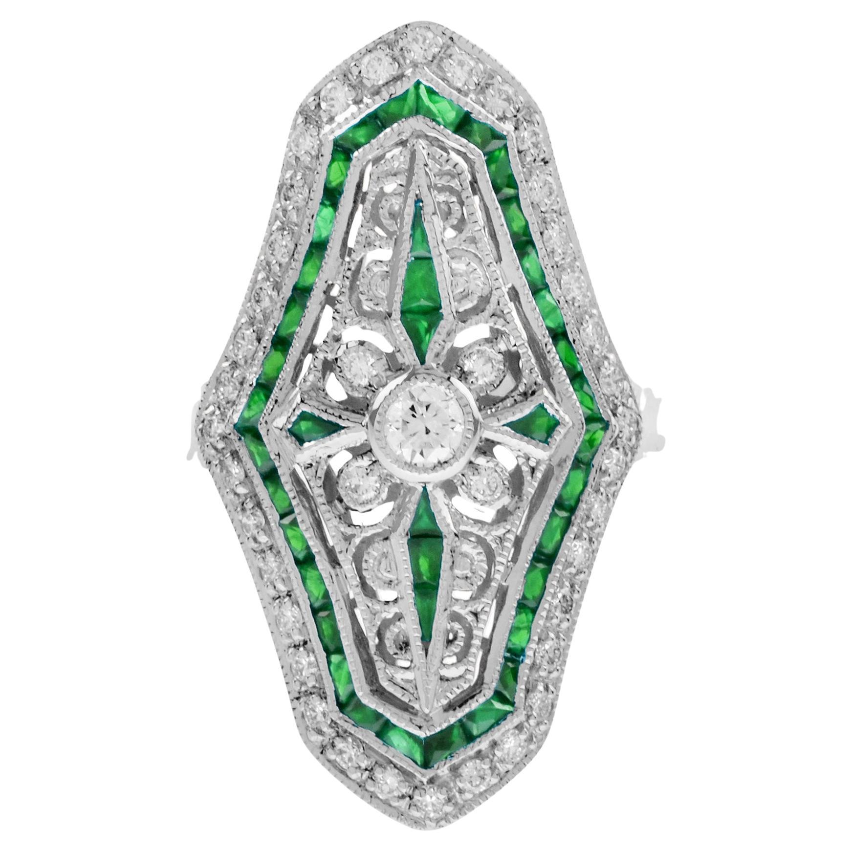 Bague en or blanc 14K avec diamant et émeraude verte de style Art Deco en forme de bouclier