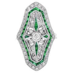 Bague en or blanc 14K avec diamant et émeraude verte de style Art Deco en forme de bouclier