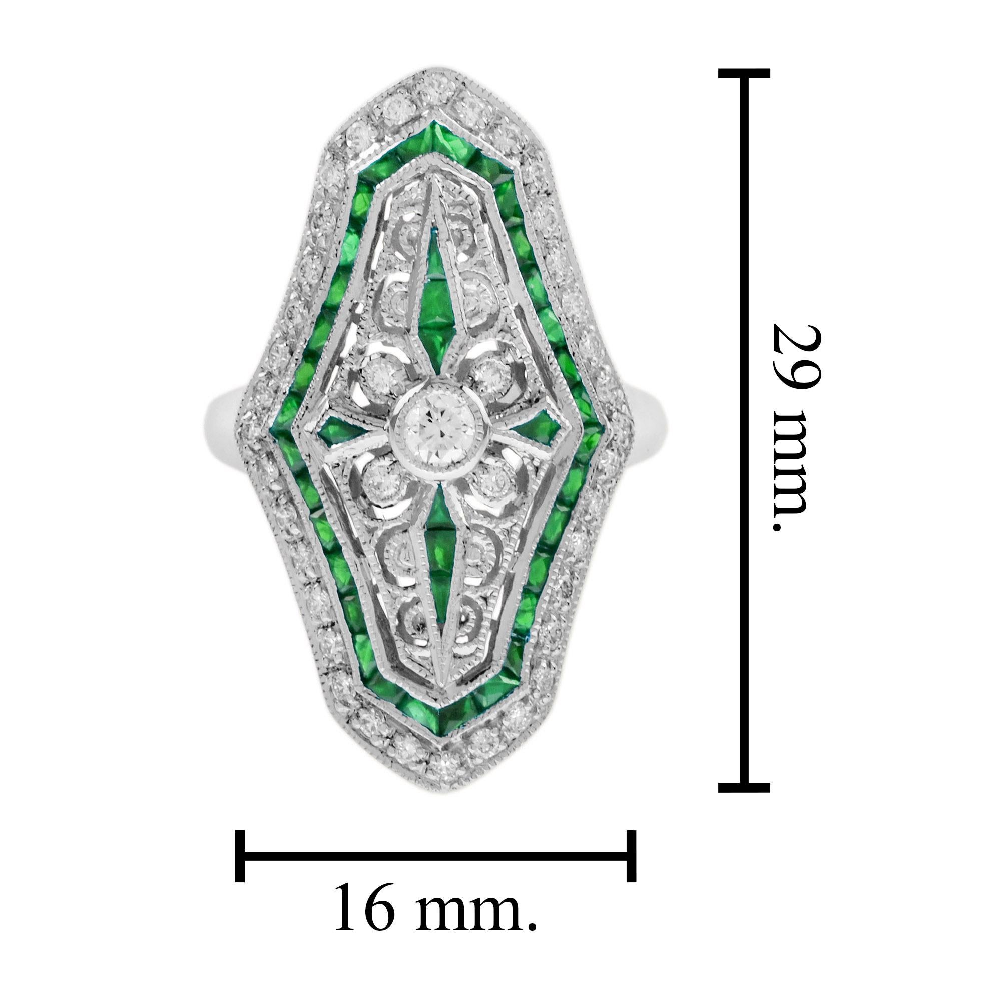Bague en or blanc 14K avec diamant et émeraude verte de style Art Deco en forme de bouclier Unisexe en vente