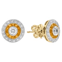 Orecchini con diamante e zaffiro arancione in stile Deco Target in oro 14K