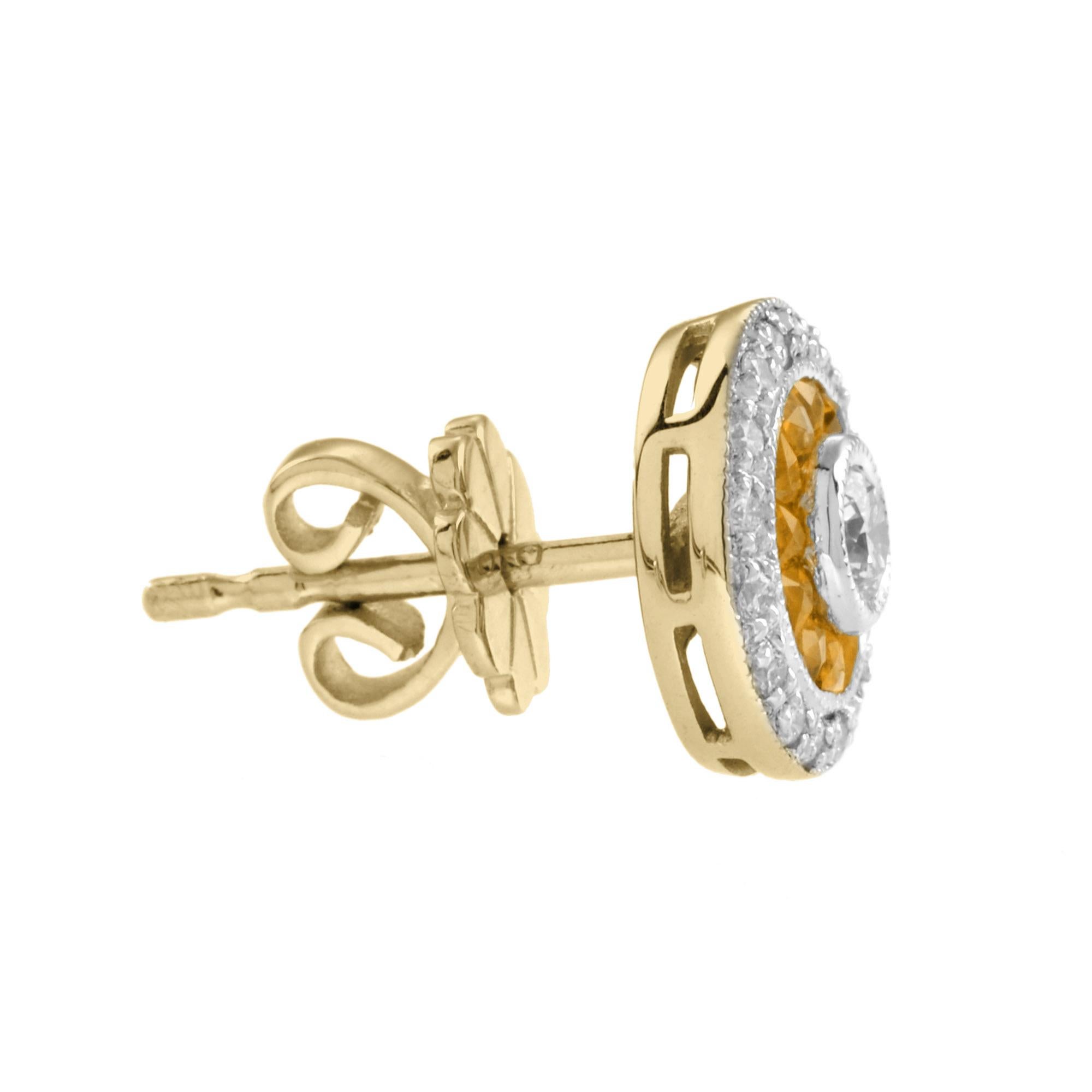 Questi orecchini Art-Deco sono assolutamente spettacolari! Le pietre dal colore vibrante dello zaffiro giallo arancio sono tagliate in modo speciale per circondare l'eccellente diamante centrale rotondo taglio brillante, che si trova in un sottile