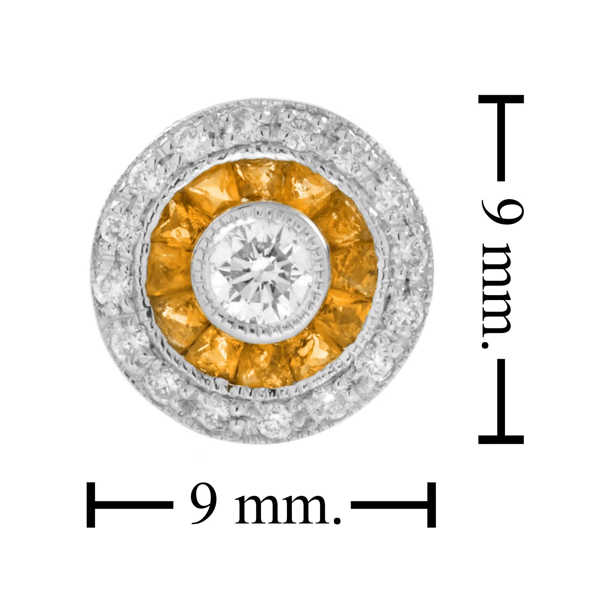Taglio rotondo Orecchini con diamante e zaffiro arancione in stile Deco Target in oro 14K in vendita