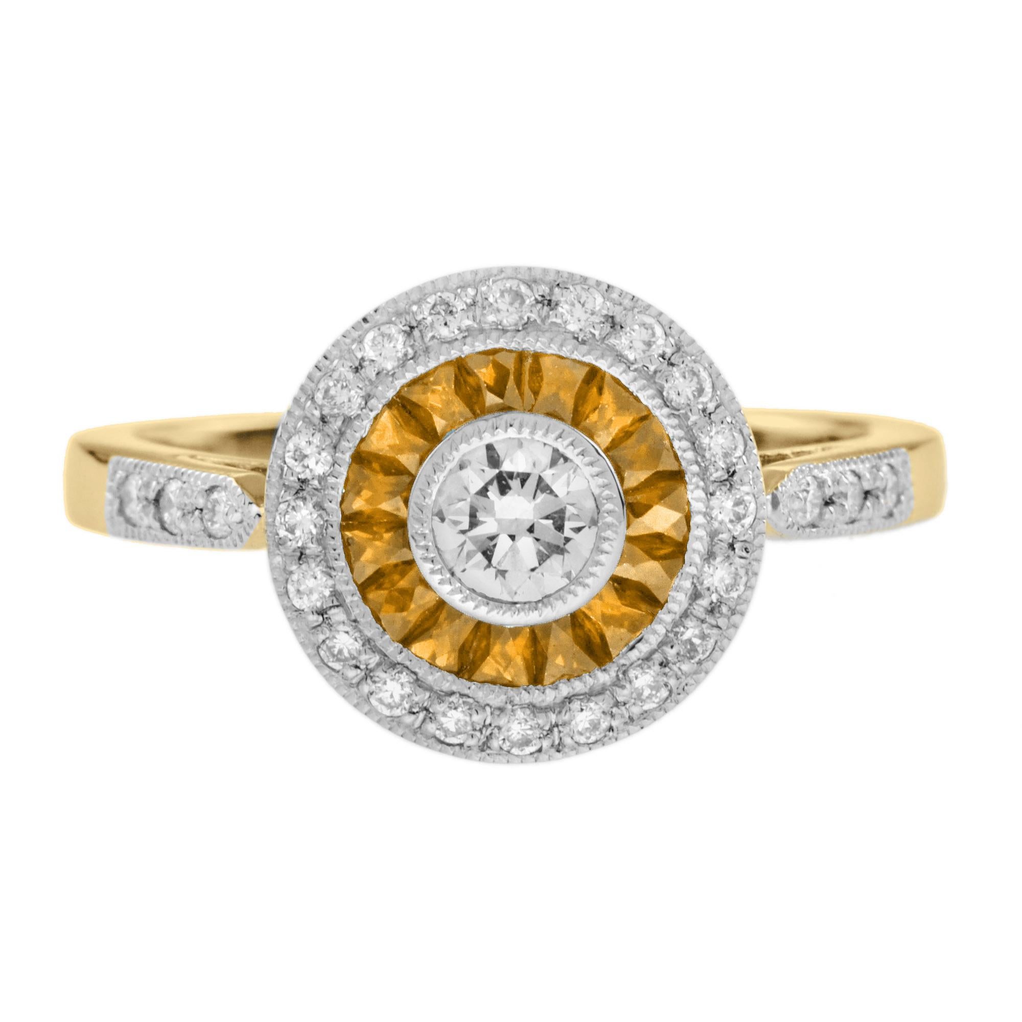 Art Déco Anello con diamanti e zaffiri arancioni in stile Deco Target in oro 14K in vendita