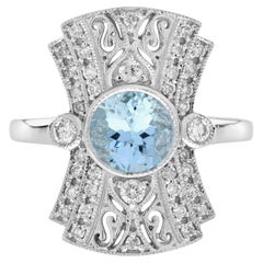 Round Blue Aquamarine & Diamond Art Deco Style Dinner 14K White Gold Ring