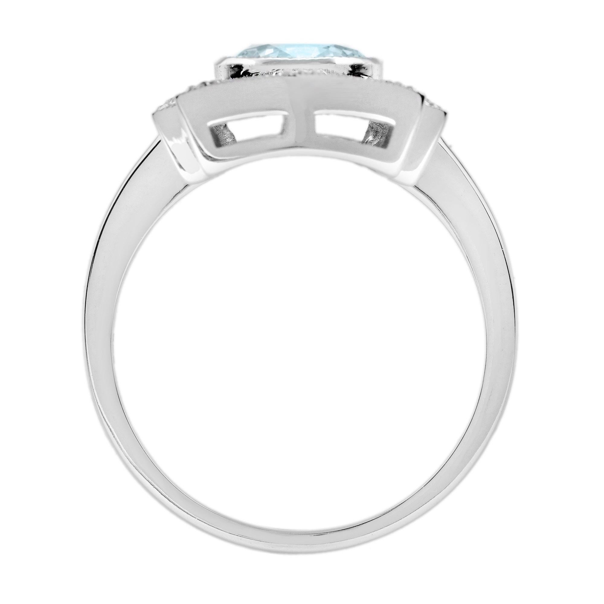 Anello con acquamarina blu rotonda e diamanti in stile Art Deco per la cena in oro bianco 14 carati In condizioni Nuovo in vendita a Oakton, VA