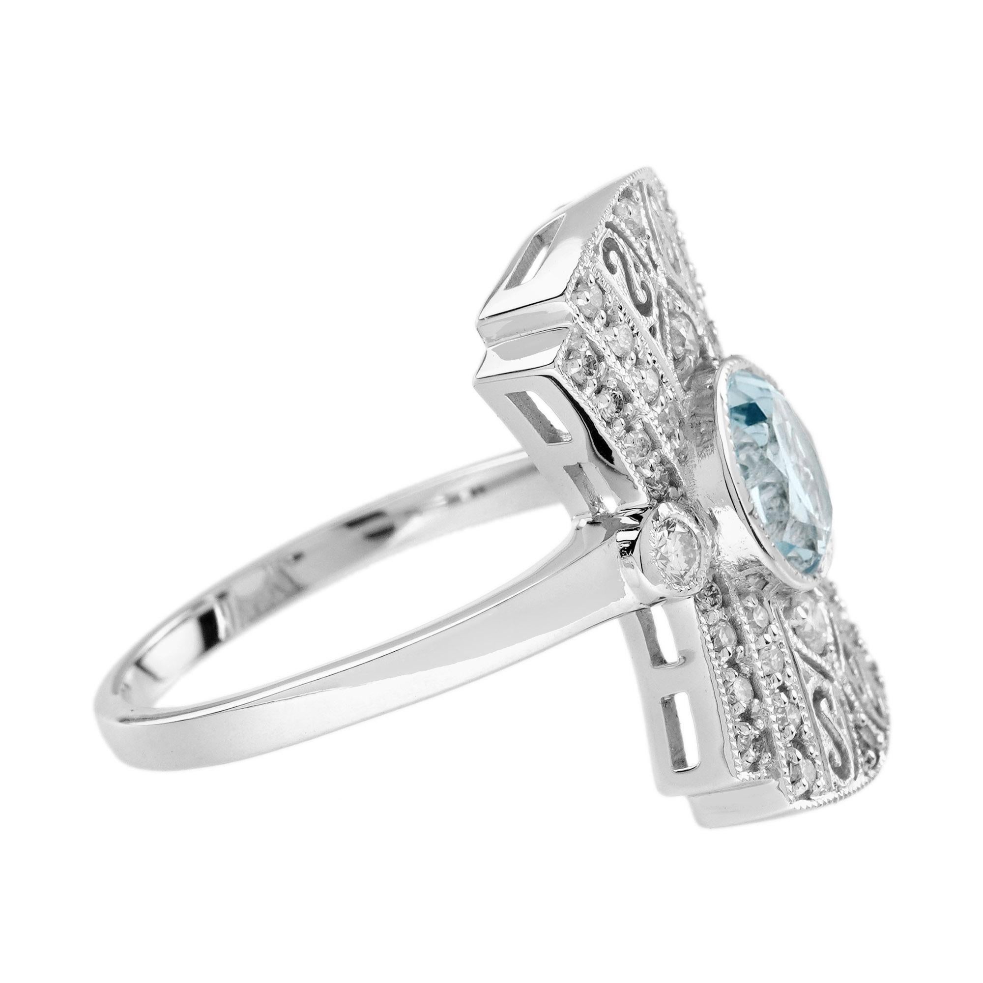 Art Déco Anello con acquamarina blu rotonda e diamanti in stile Art Deco per la cena in oro bianco 14 carati in vendita