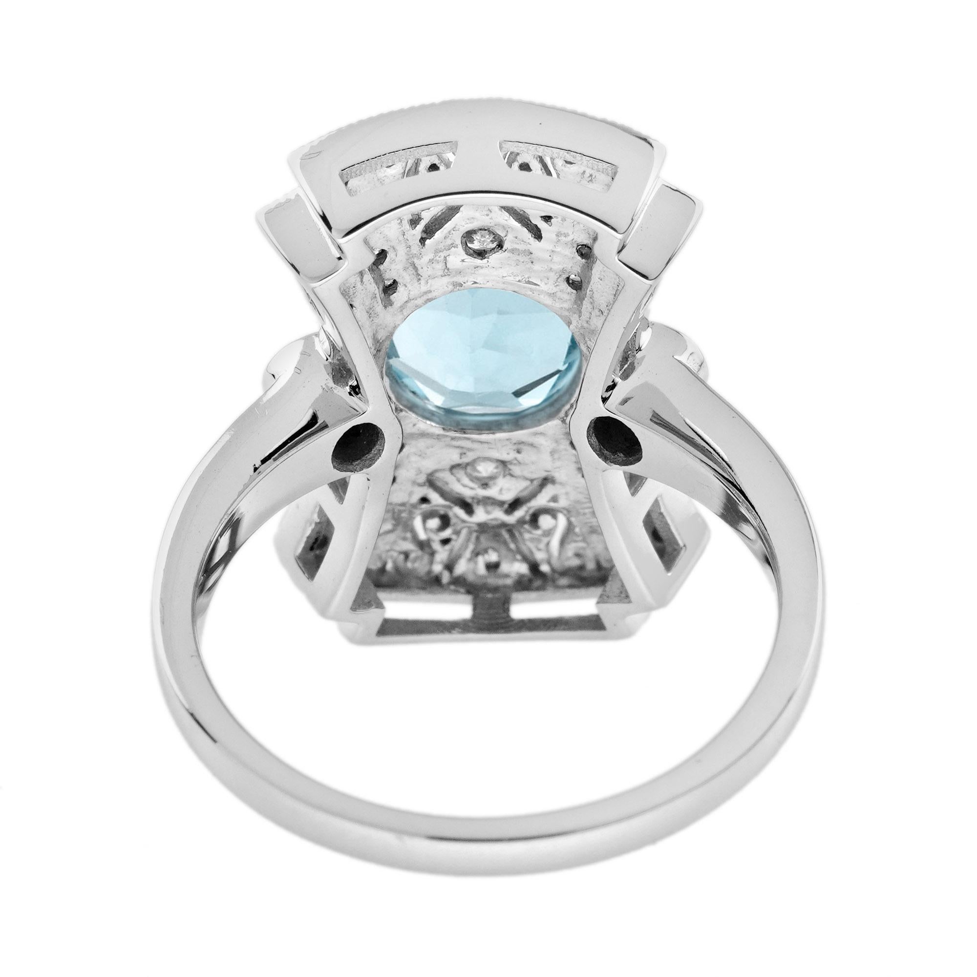 Taglio rotondo Anello con acquamarina blu rotonda e diamanti in stile Art Deco per la cena in oro bianco 14 carati in vendita