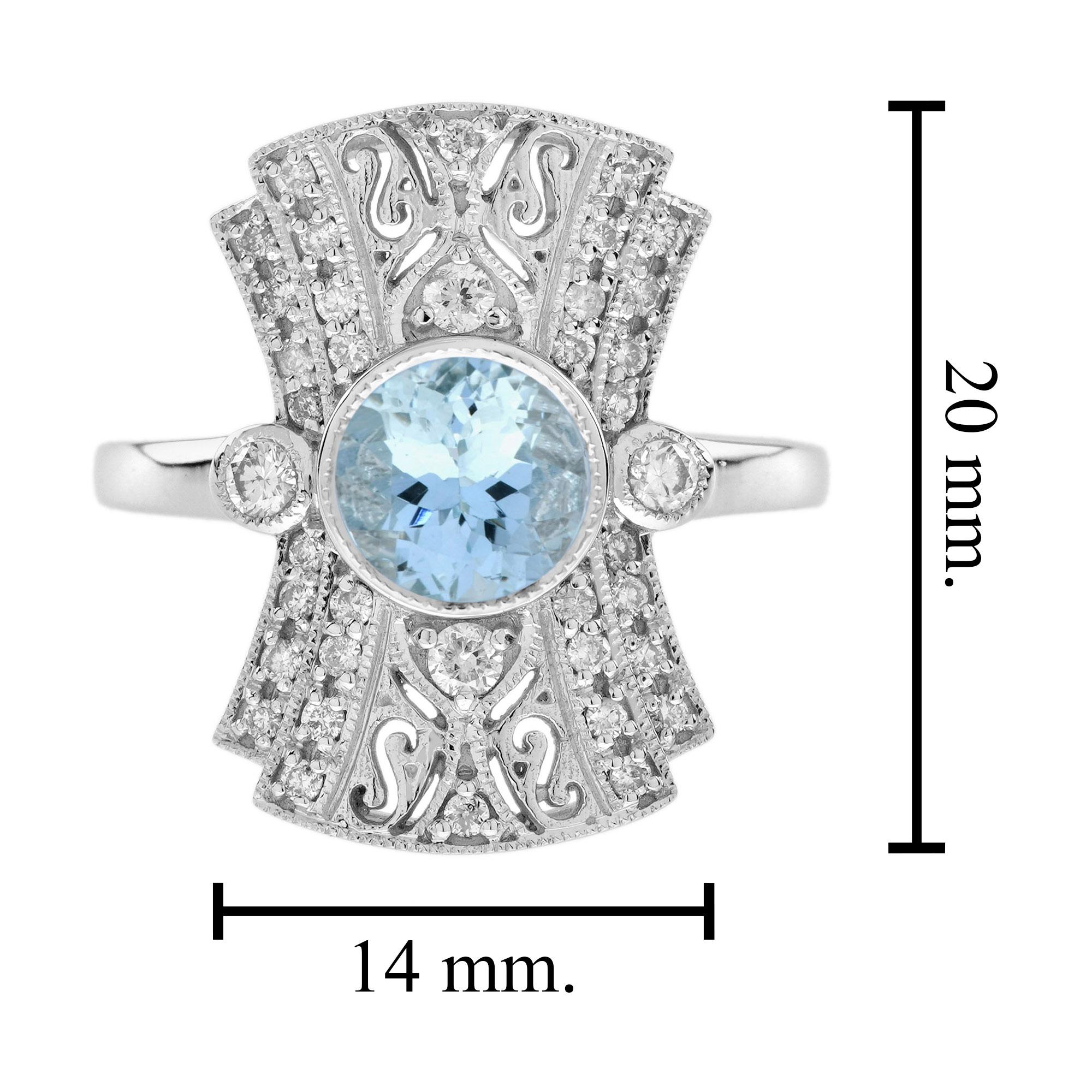 Donna Anello con acquamarina blu rotonda e diamanti in stile Art Deco per la cena in oro bianco 14 carati in vendita