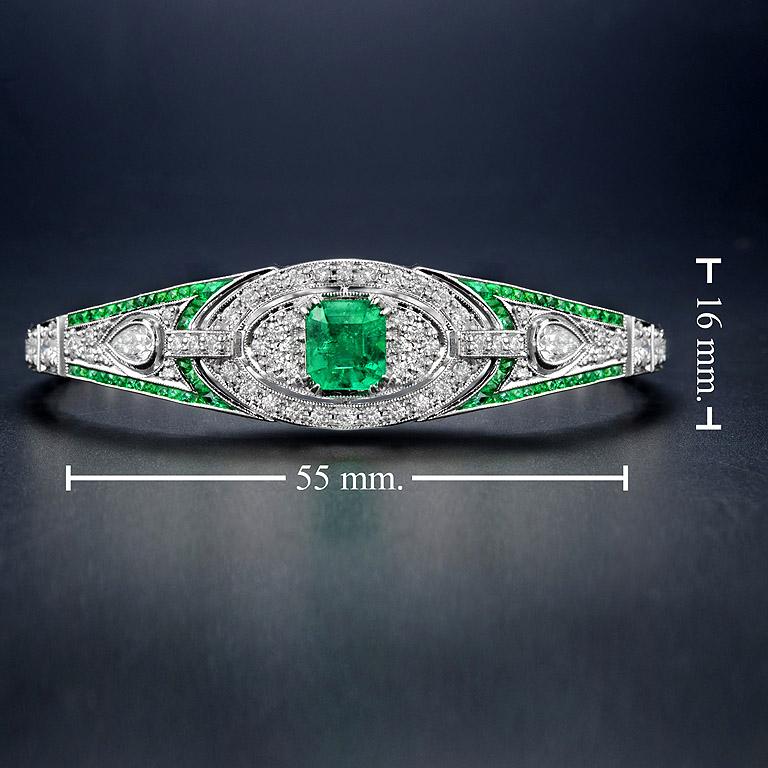 Bracciale unico in oro bianco 18 carati con smeraldo verde e diamanti in stile Art Deco in vendita 1