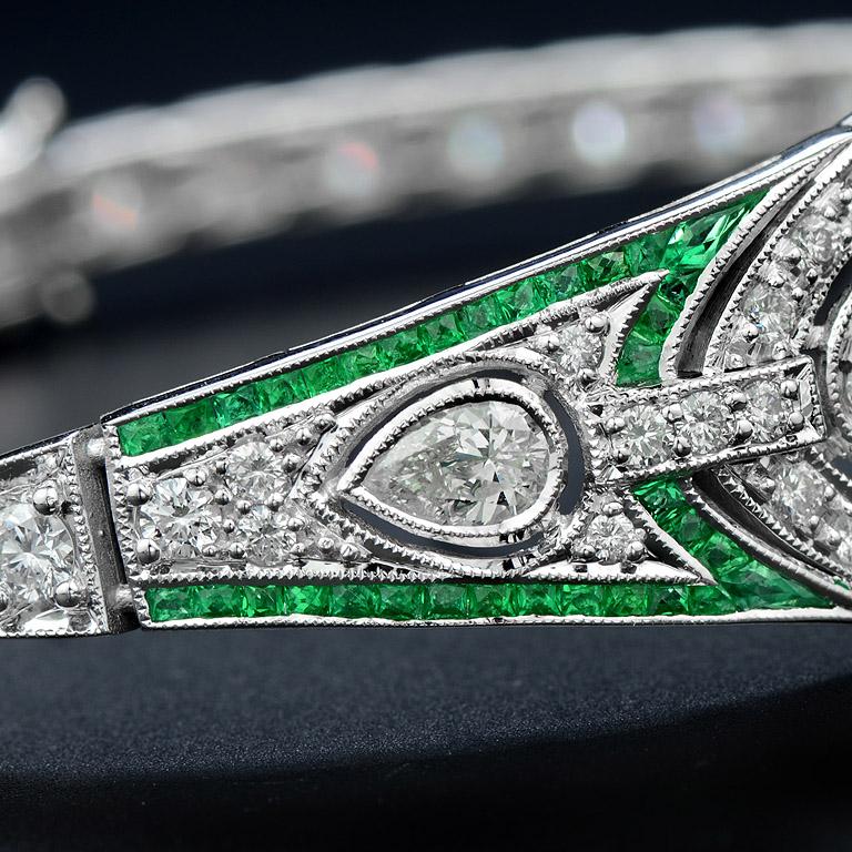 Ottagono Bracciale unico in oro bianco 18 carati con smeraldo verde e diamanti in stile Art Deco in vendita