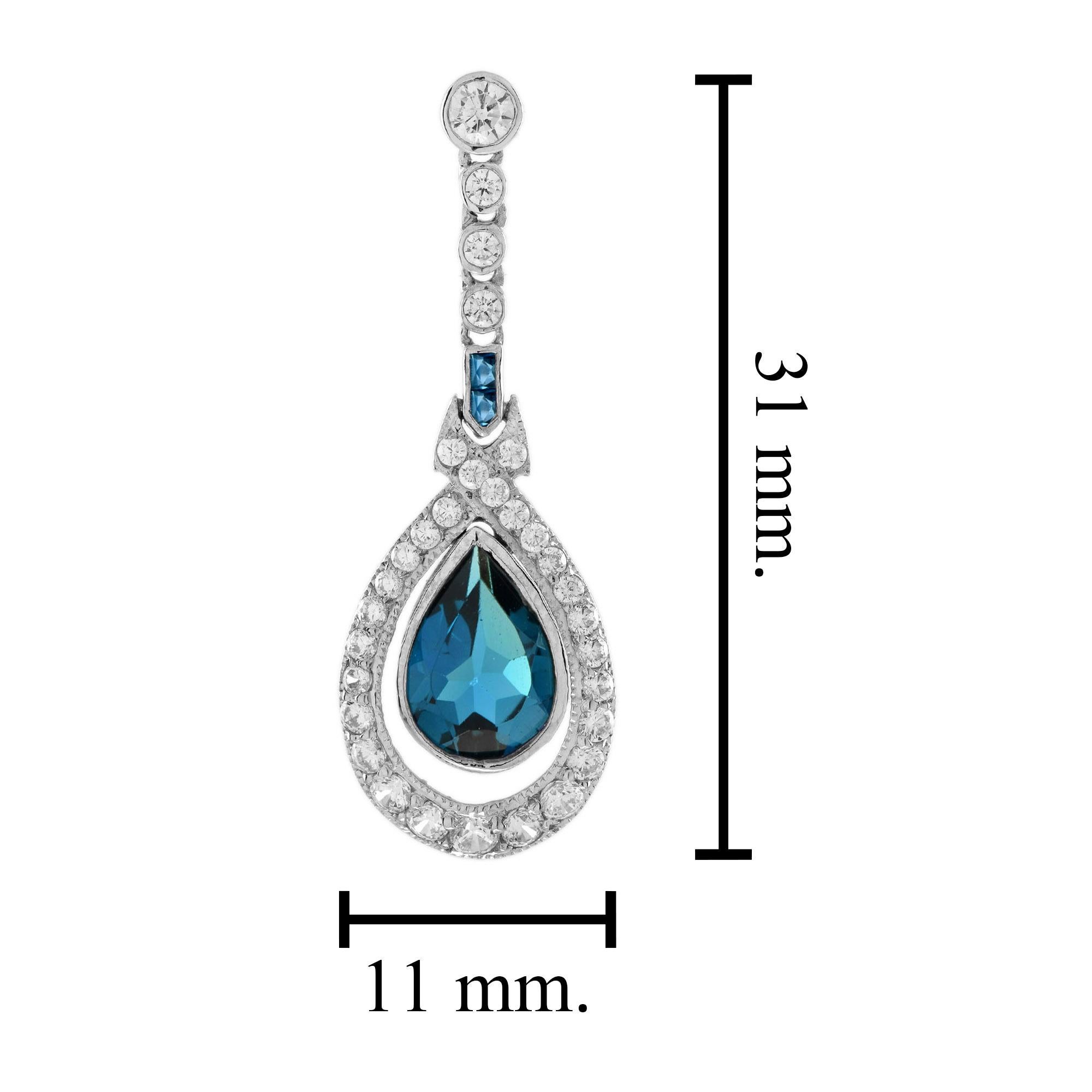 Taille poire Boucles d'oreilles poire en or blanc 14K avec topaze bleue de Londres et diamant de style antique en vente