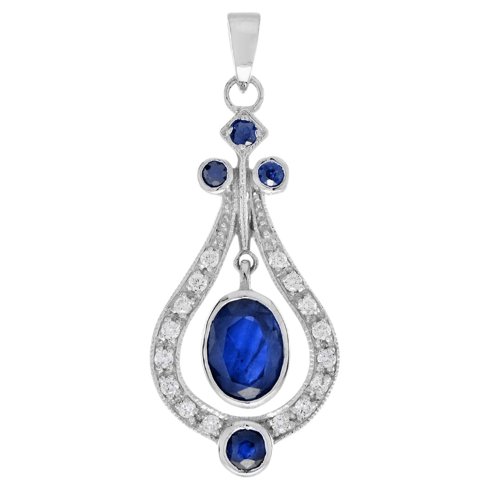 Pendentif en or blanc 14K saphir bleu et diamant blanc de forme ovale de style Art Déco en vente