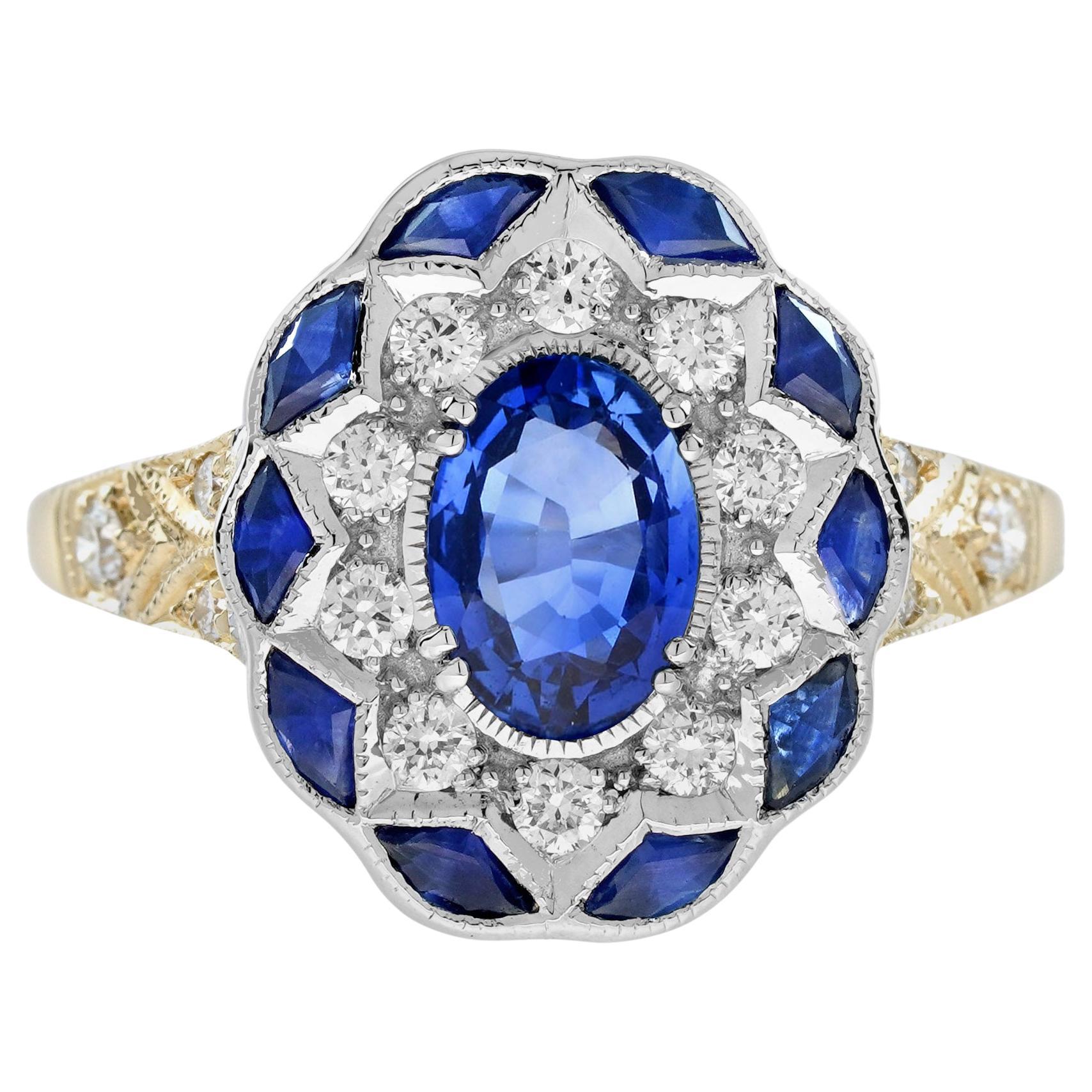 Anello di fidanzamento floreale in oro 14K con zaffiro blu di forma ovale e diamante in stile antico in vendita