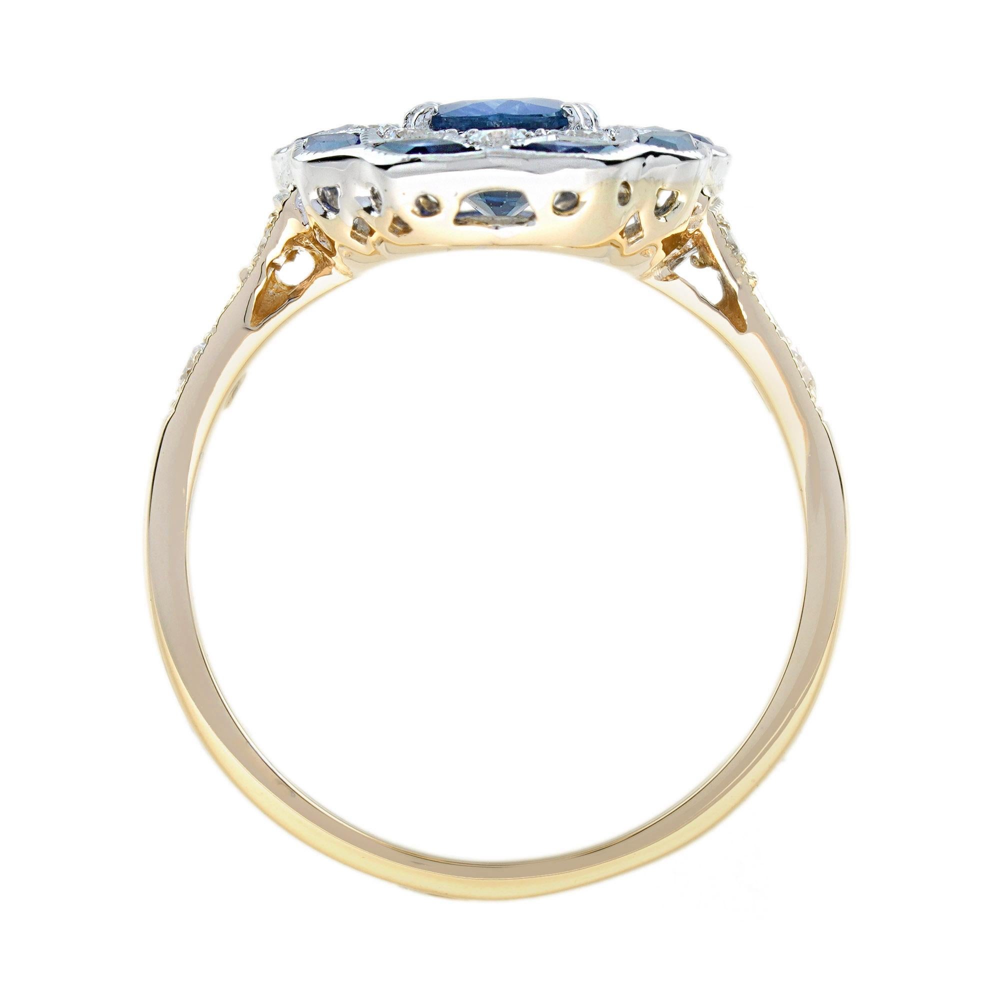 Art Déco Anello di fidanzamento floreale in oro 14K con zaffiro blu di forma ovale e diamante in stile antico in vendita