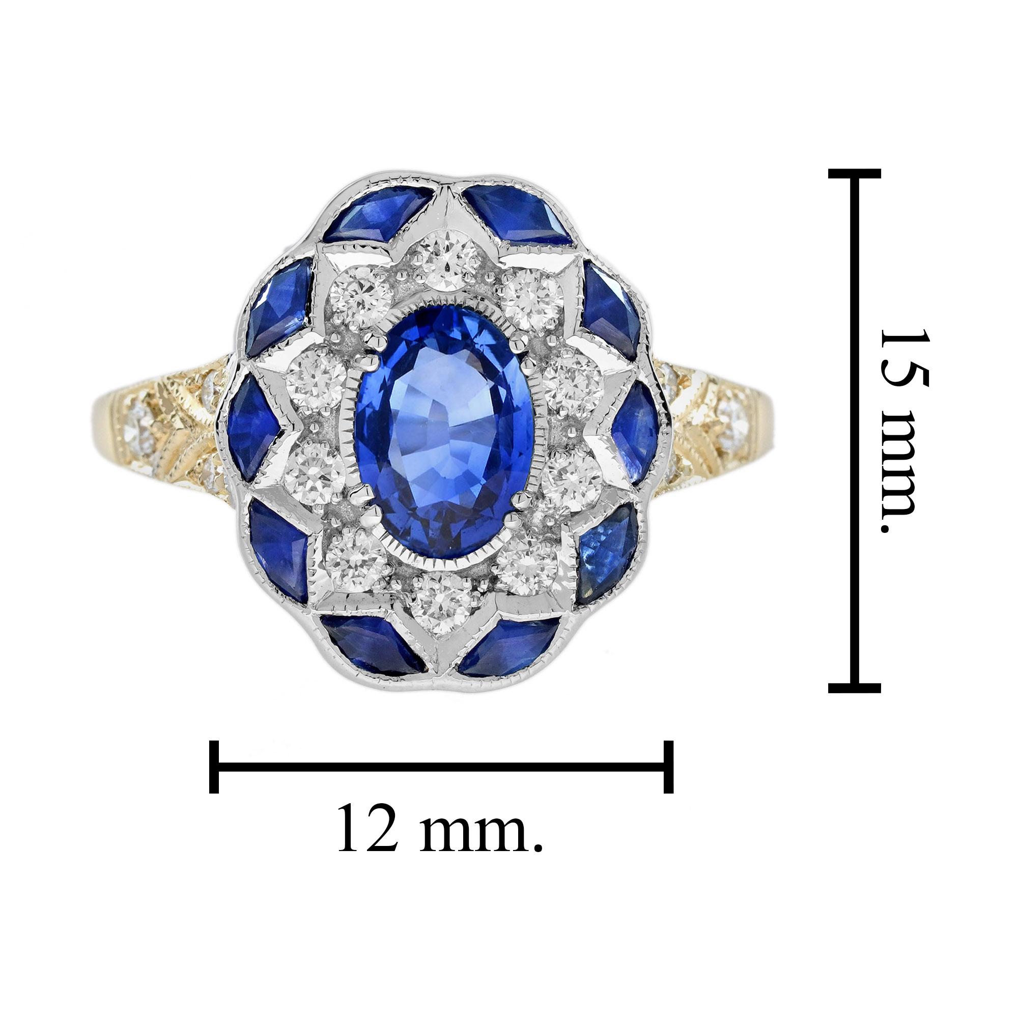 Anello di fidanzamento floreale in oro 14K con zaffiro blu di forma ovale e diamante in stile antico In condizioni Nuovo in vendita a Oakton, VA