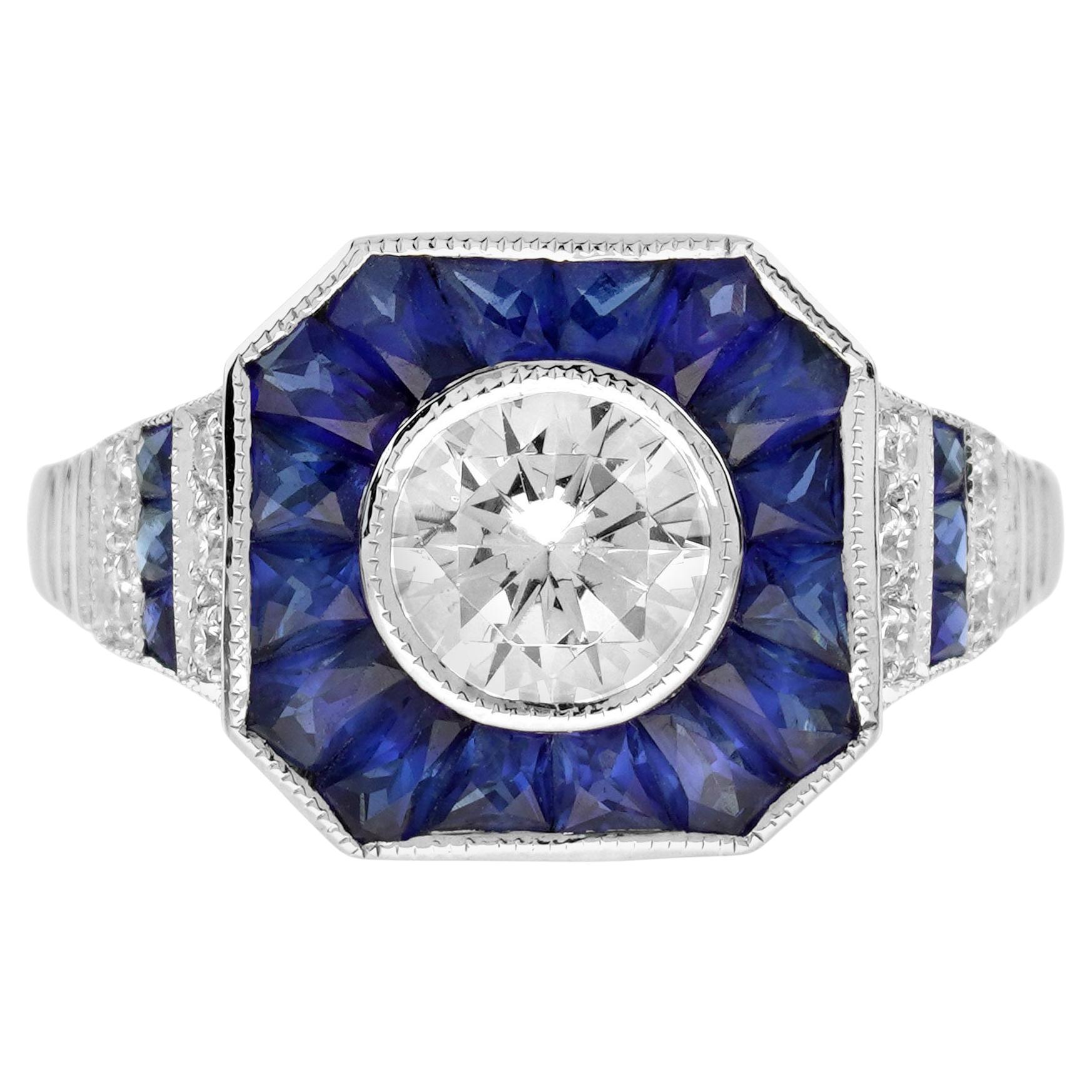 Bague en or blanc, diamant et saphir bleu, taille spéciale fantaisie, style Art déco en vente