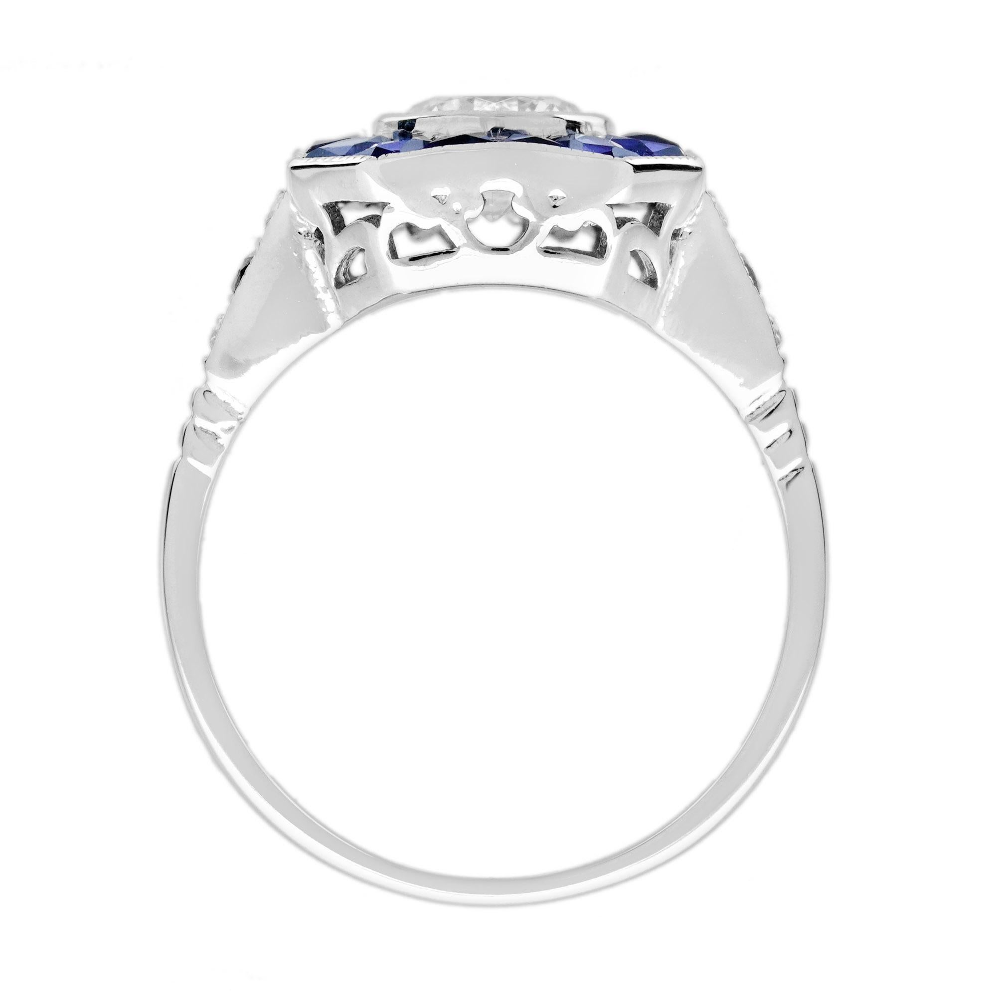 Bague en or blanc, diamant et saphir bleu, taille spéciale fantaisie, style Art déco Unisexe en vente