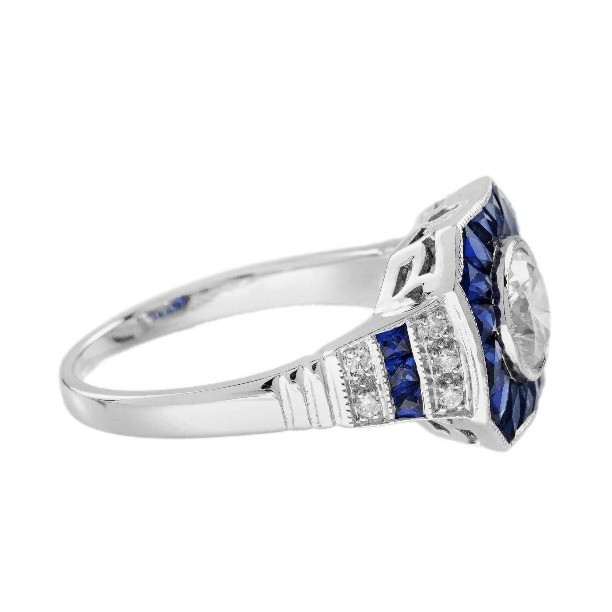 Taille ronde Bague en or blanc, diamant et saphir bleu, taille spéciale fantaisie, style Art déco en vente